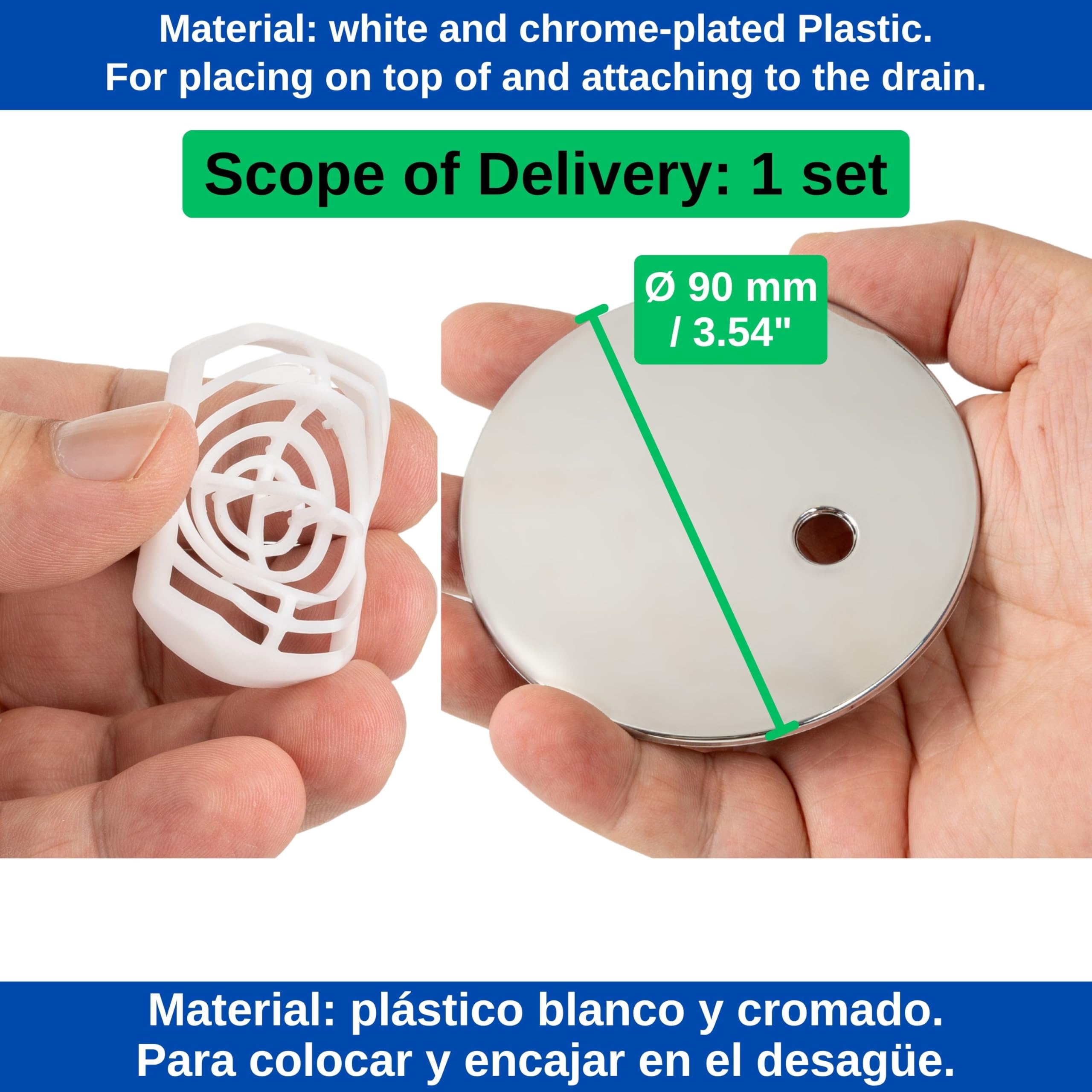 Set di copertura con filtro per capelli per scarico doccia, Ø 90 mm, compatibile con piletta Viega Domoplex, copertura in ABS ASA cromato, inserto filtro per capelli doccia, tappo di scarico doccia