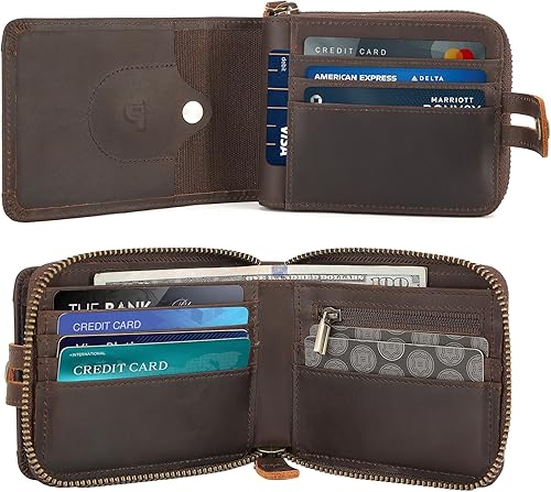 Miniatura 3 de Polare - Cartera plegable de cuero de grano completo para hombre, con bloqueo RFID, ranura para AirTag y bolsillo YKK con cremallera para monedas,