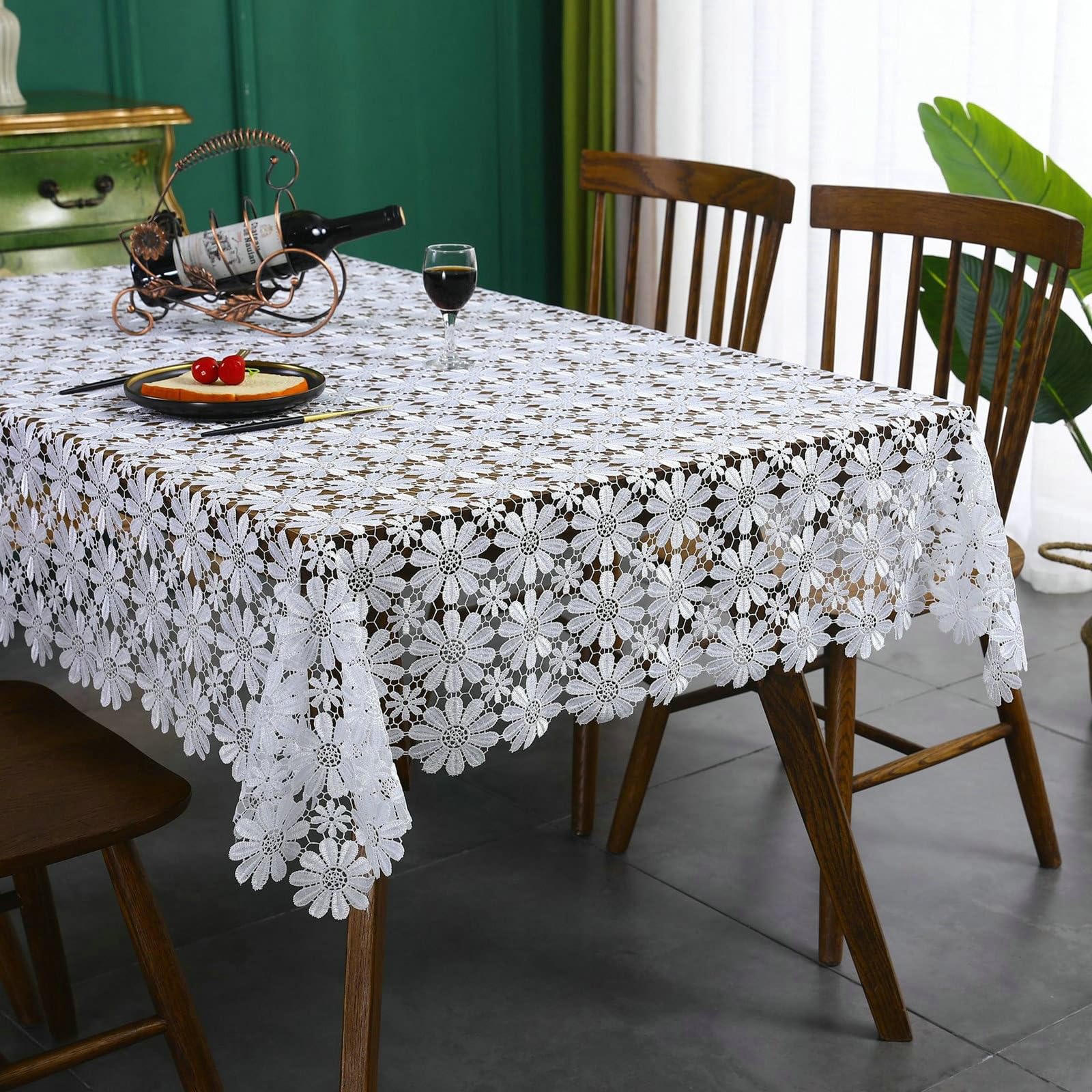 Mantel rectangular blanco, diseño de flores, poliéster, 150 x 300 cm