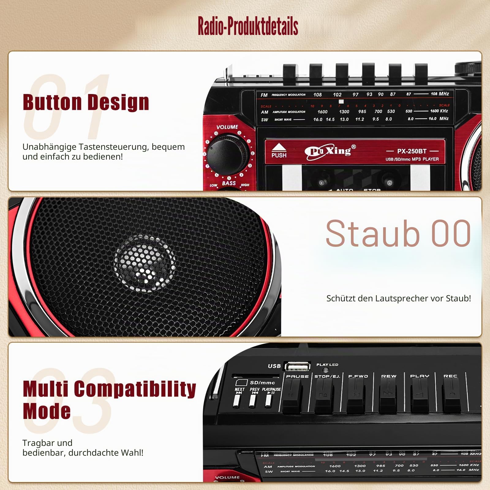Kassettenspieler, tragbarer Kassettenspieler, kompatibel mit FM/AM/SW Frequenzbandrekorder, kompatibel mit Kassette/Bluetooth/Karteneinführung/Aufnahme
