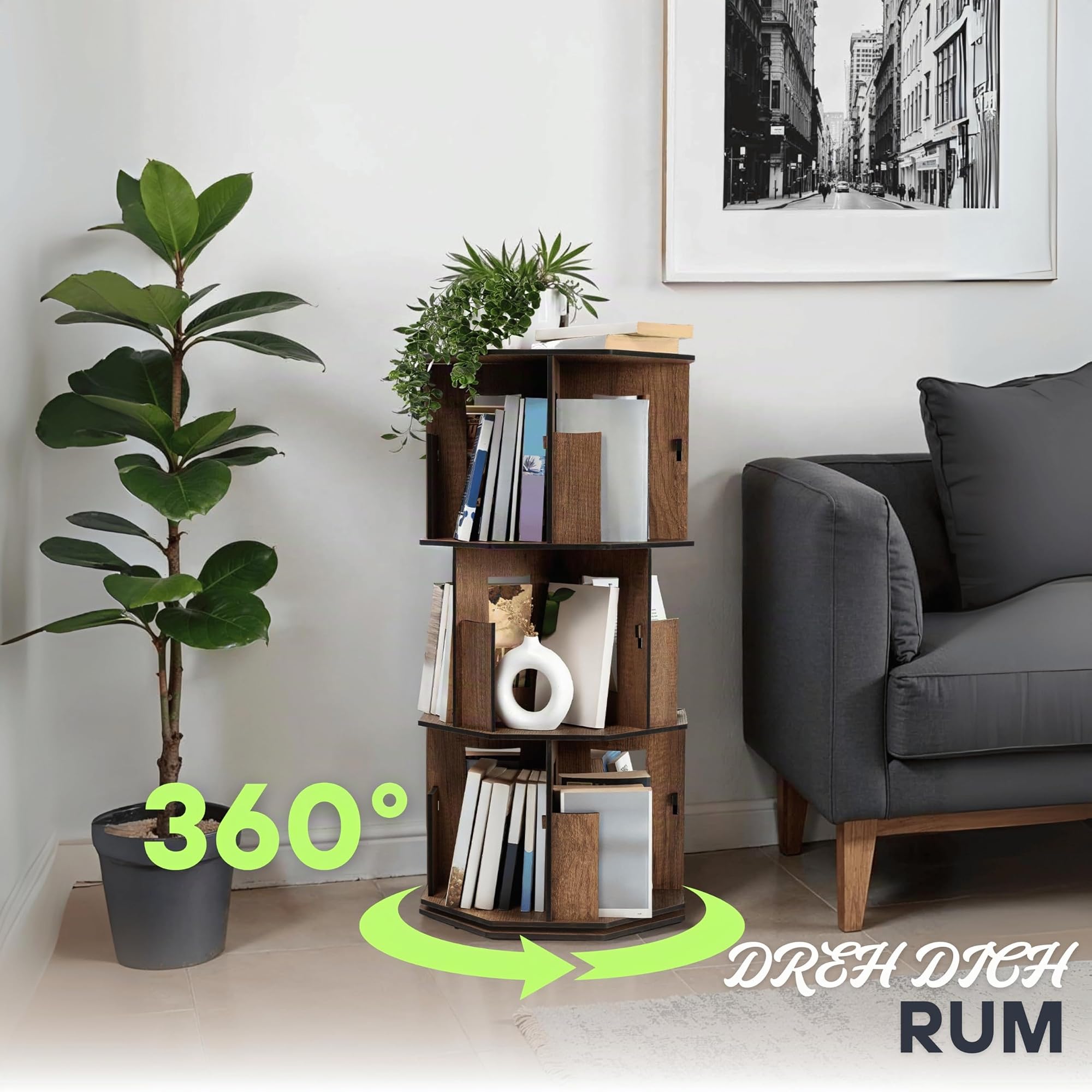 Vigo Wood bücherregal klein in Eichenoptik – 3 stufiges drehbares Bücherregal aus Verbundholz, platzsparend & modern für Kinder bücherregal, bücherschrank (Walnuss, 3 Regale)
