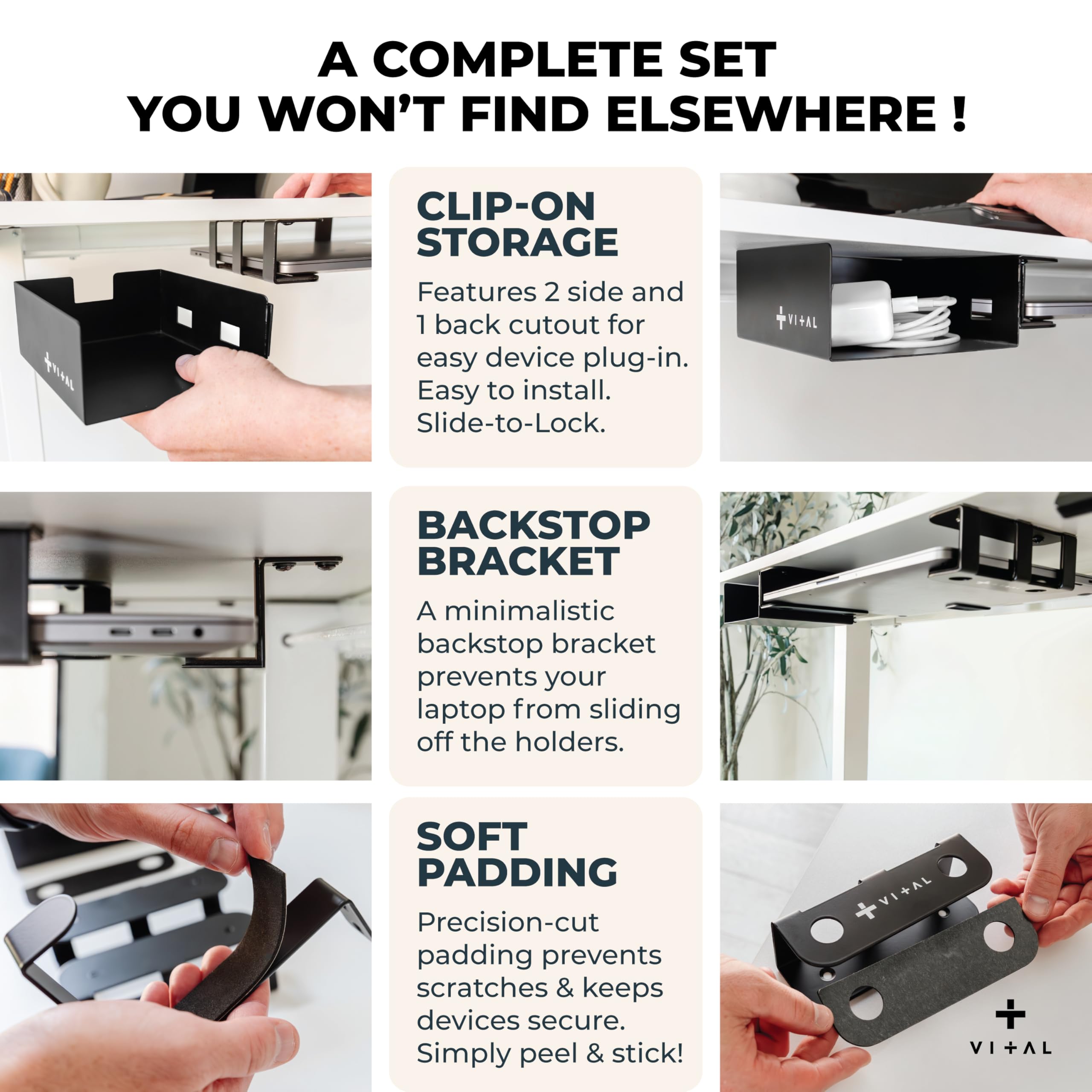 VI+AL Supporto da scrivania per computer portatile, ripiano nascosto in metallo con spazio laterale, si installa con nastro e viti, adatto a dispositivi fino a 4,3 cm di spessore, standard (senza