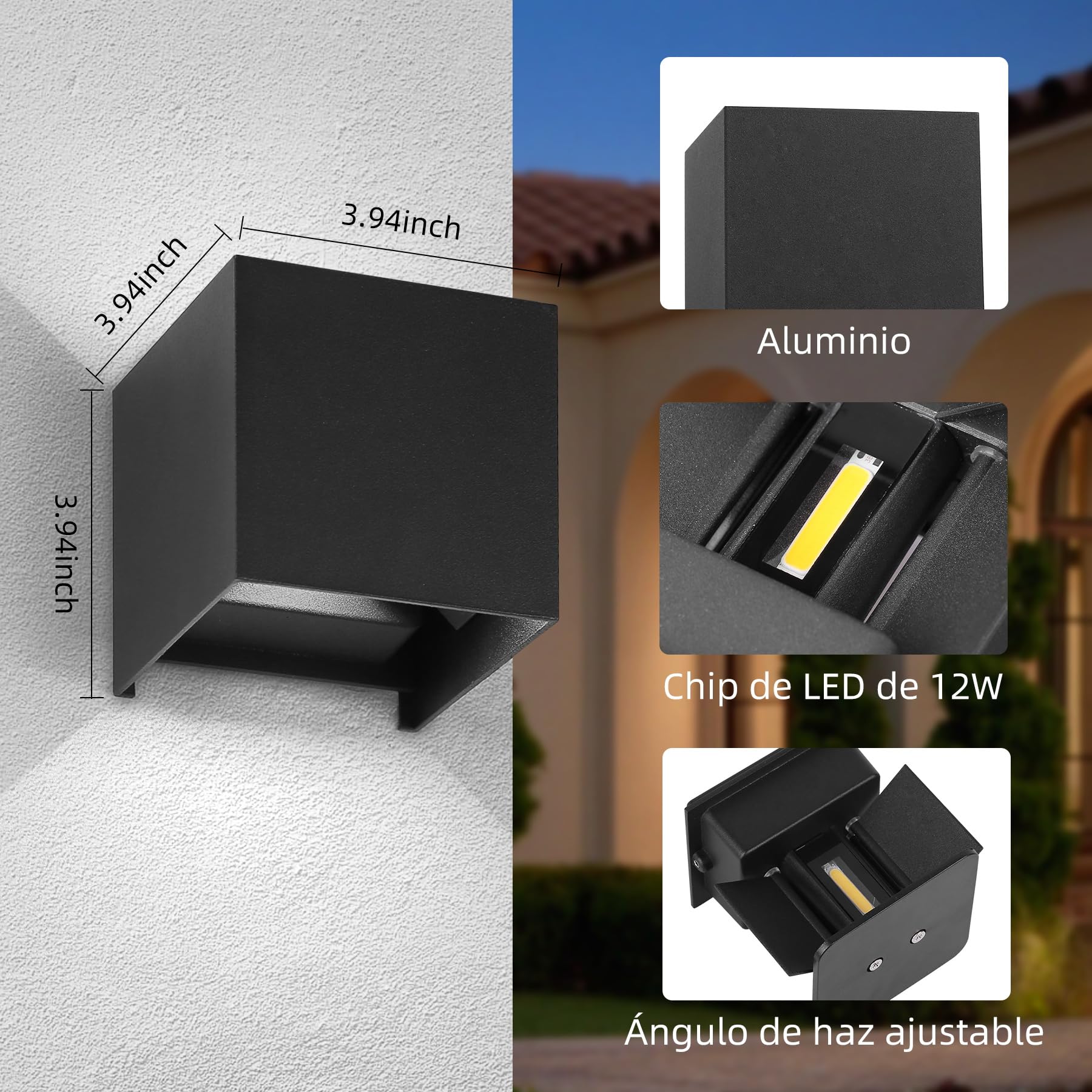 Aplique Pared Exterior 12W 6500K Luz Blanca Fría Apliques LED Exterior Impermeable IP65 2 Piezas Ángulo Ajustable Lámparas de Pared Negro para Dormitorio,Patio