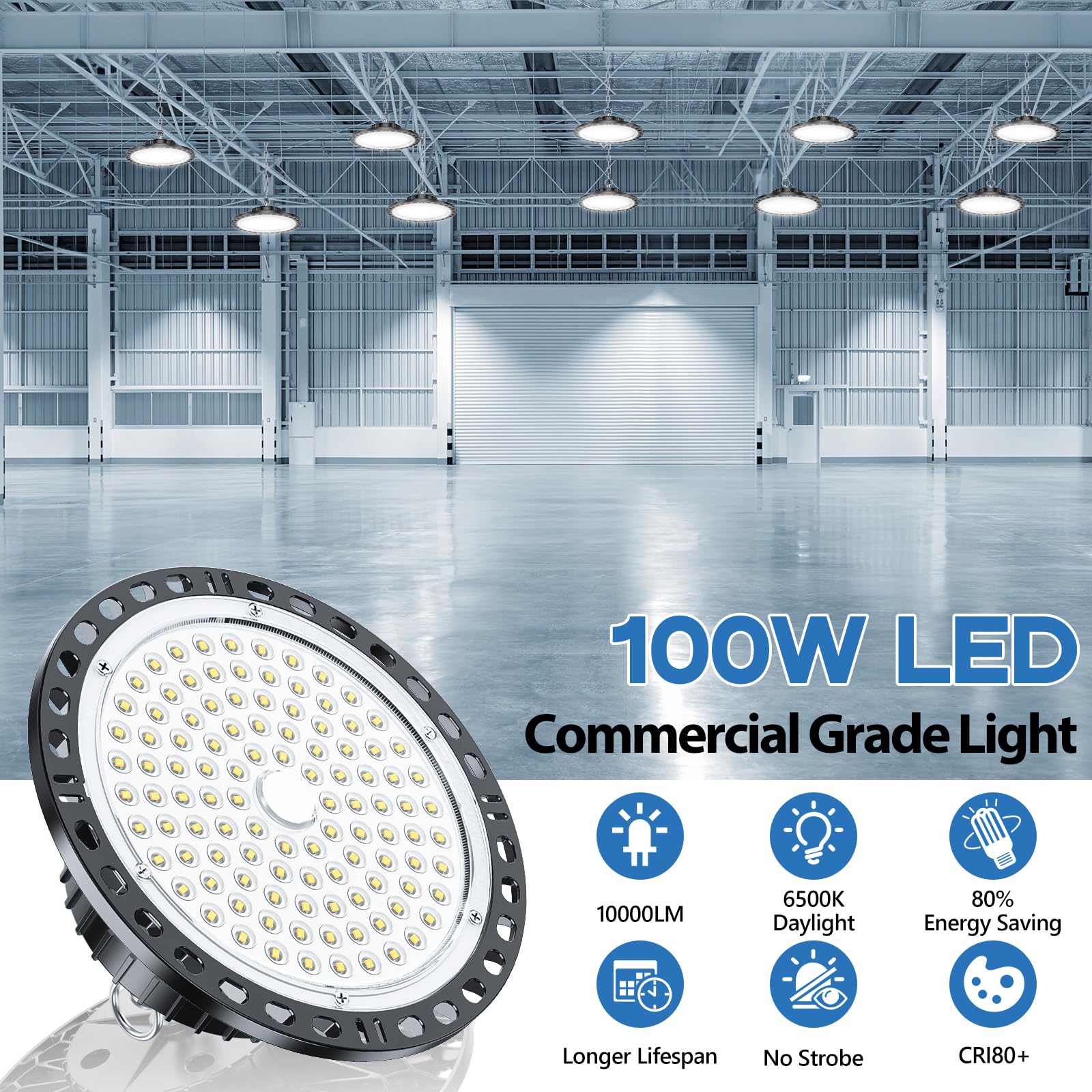 100W LED Hallenstrahler 4 Stück, 10000LM Hallenbeleuchtung LED mit 30 cm Metallkette, Treiber, 6500K IP65 UFO Lampe Industriebeleuchtung für Lagerhalle, Fabriken