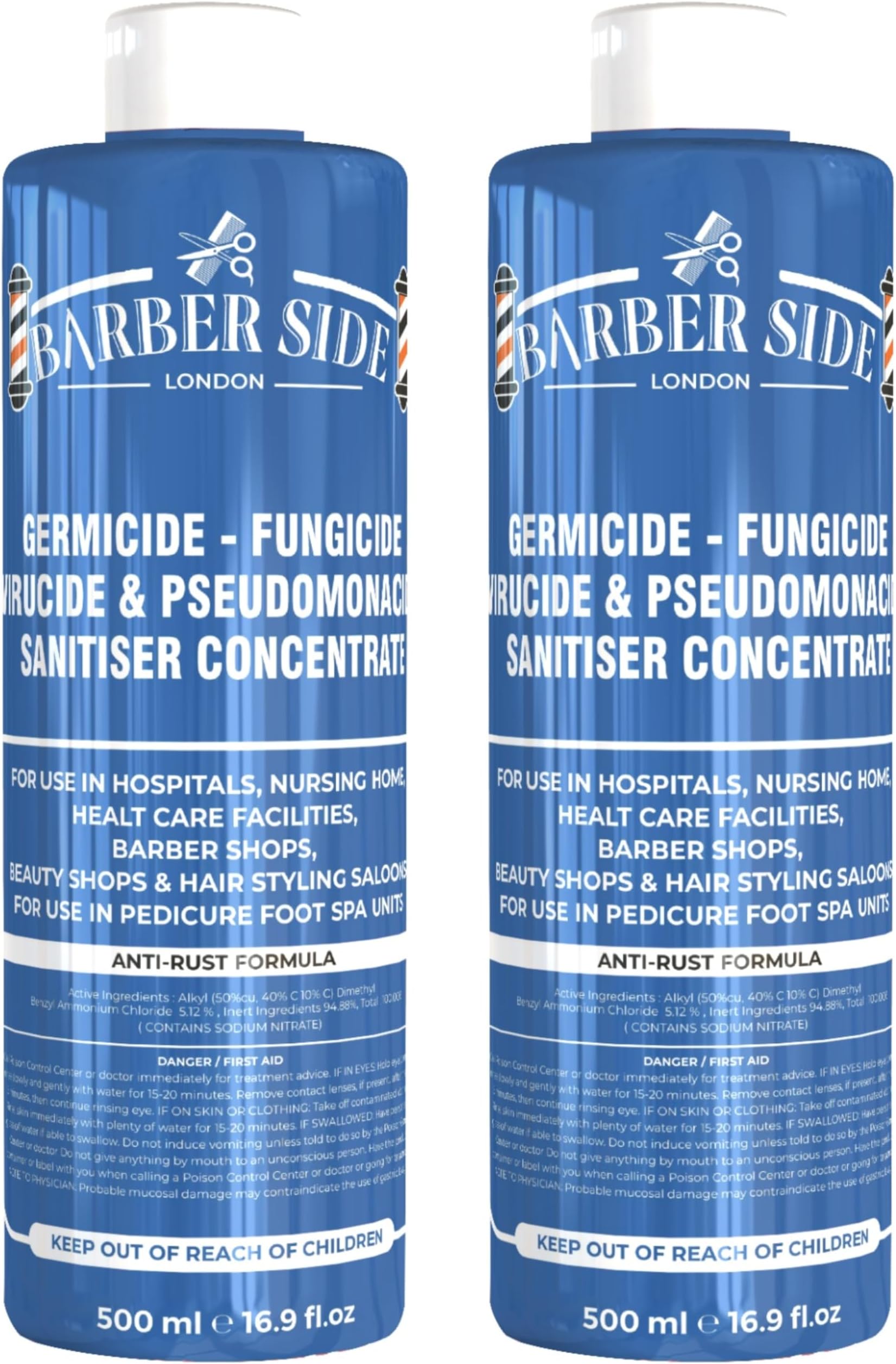 Barber Side London Disinfectant Solution for Salon Jars, Medical, Athletics-Girmicide Solution (Blue) 2 X 500ml (1 litre)