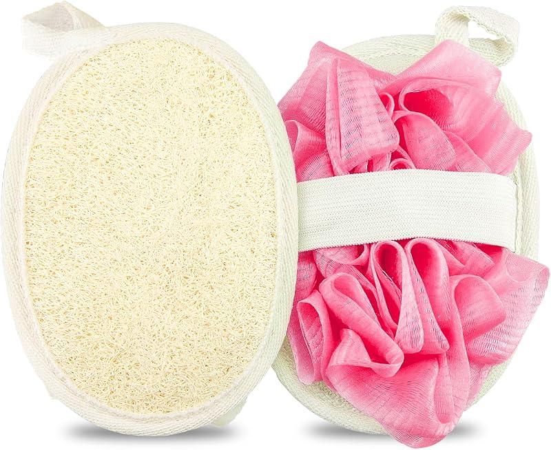 Esponja de banho de bucha natural dupla face NORXUAZE, tamanho viagem, bege e rosa, pacote com 2
