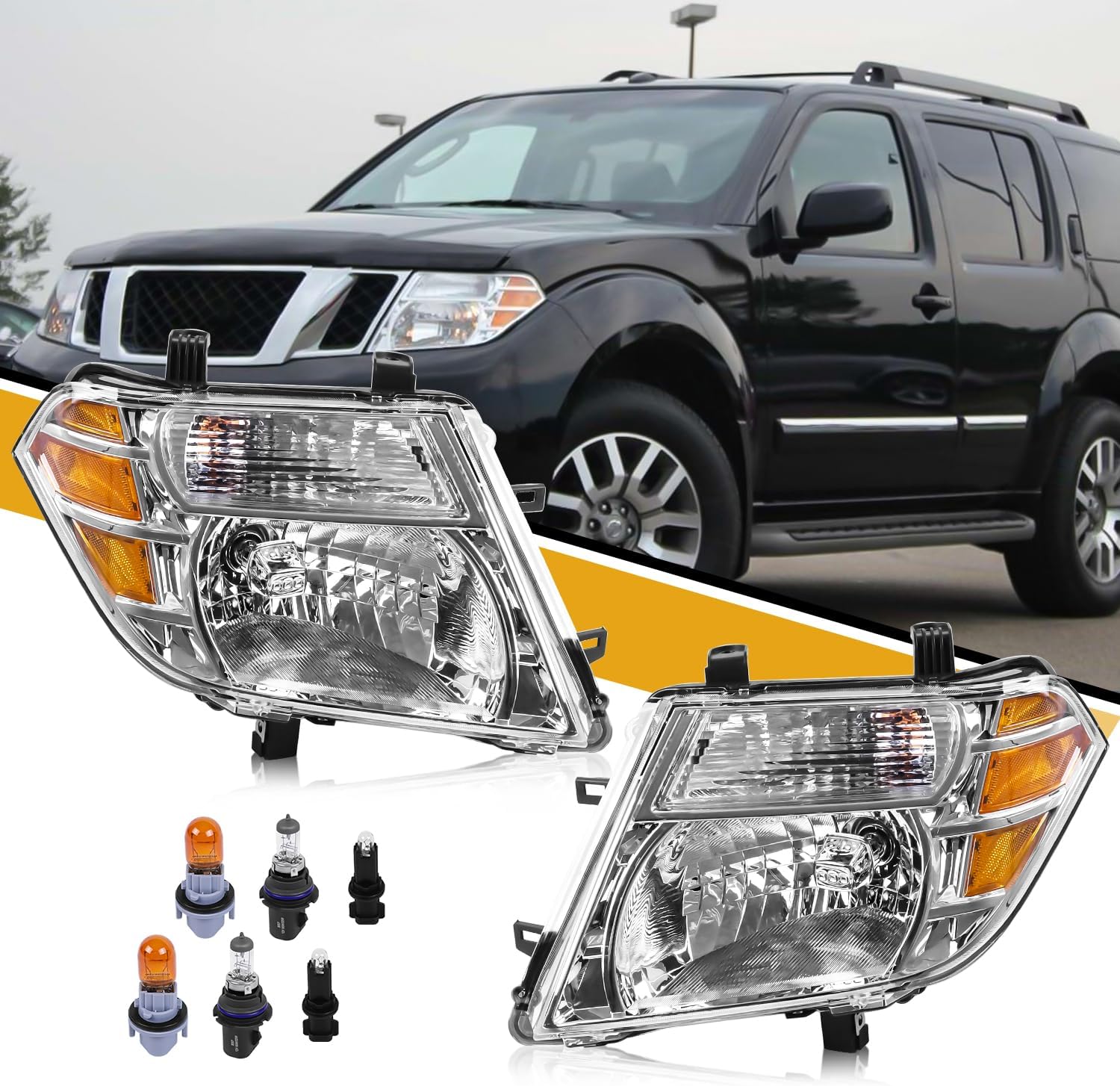 Headlights Assembly Compatible with Nissan Pathfinder 2008-2012 Head Lamps, Halogen Headlamp Replacement 26060ZS00A 26010ZS00A NI2502171 NI2503171, Bulb Included, Chrome Housing Amber Reflector