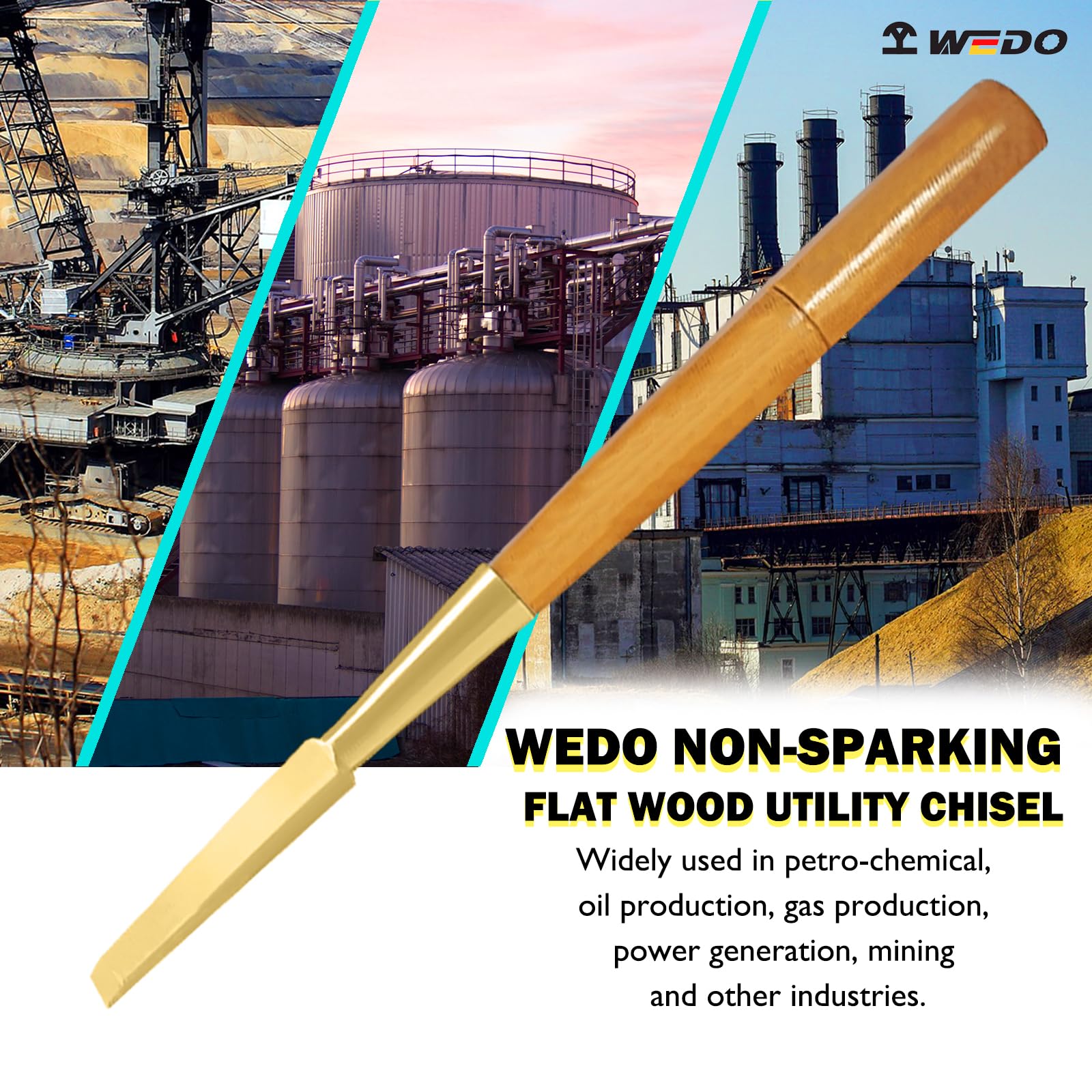 WEDO Ciseau à froid non étincelant de 27,9 cm, burin utilitaire en bois plat, lame de 1,6 cm de large, outil de sécurité sans étincelles, qualité industrielle, longueur 280 mm, aluminium bronze, norme
