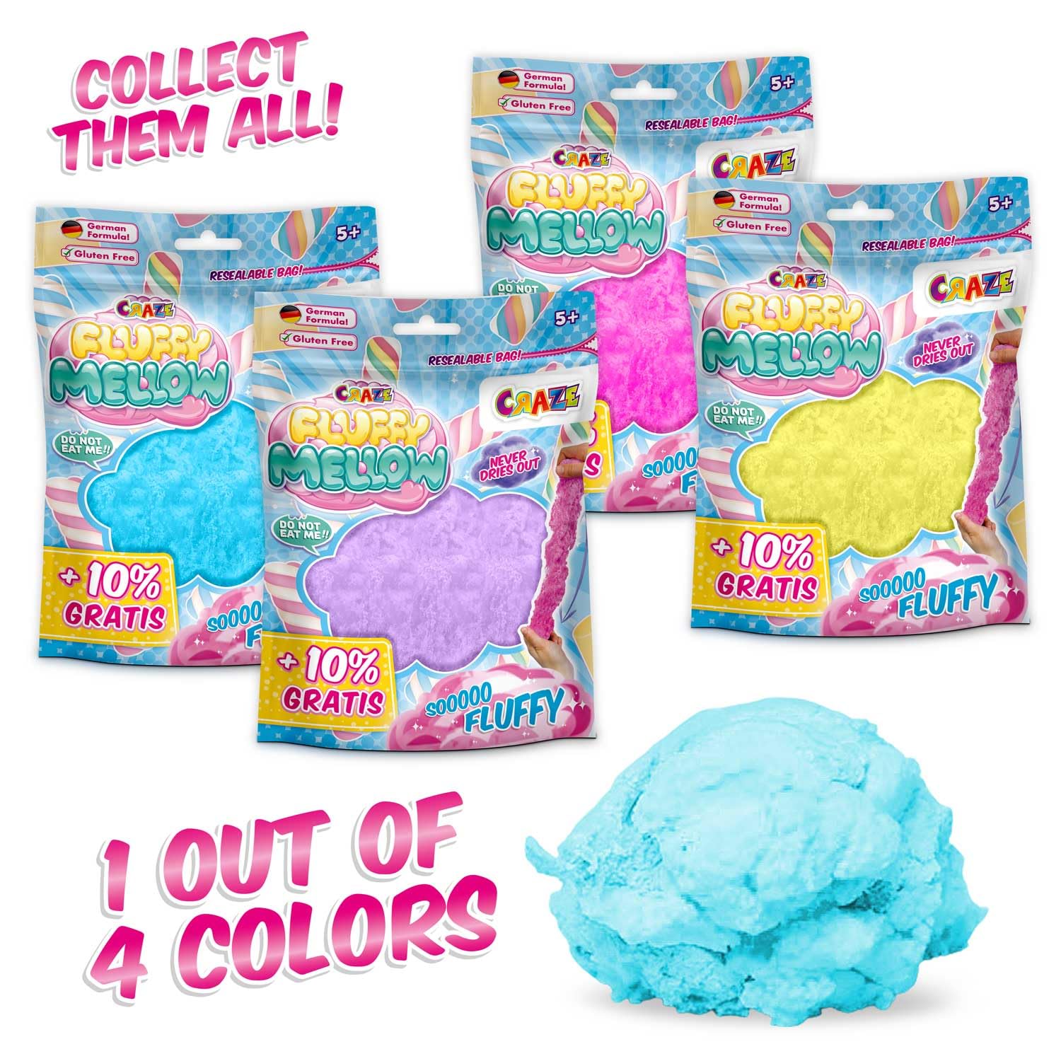 CRAZE Fluffy Mellow puszysty Slime, miękki i łatwy do rozciągnięcia, zabawka przeciwstresowa w torbie 25 g, rzemiosło dla dzieci, różne 4 kolory