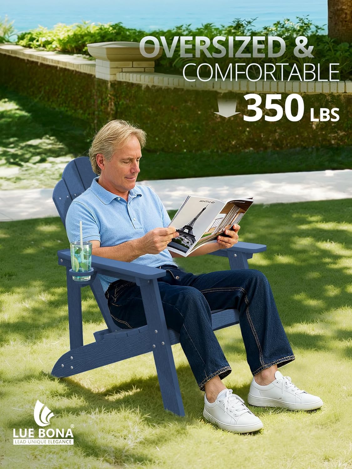 LUE BONA Adirondack Chairs Set of 2 - Weather Resistant Seating with Cup Holder for Porch, Poolside, Deck & Lake House, Blue
