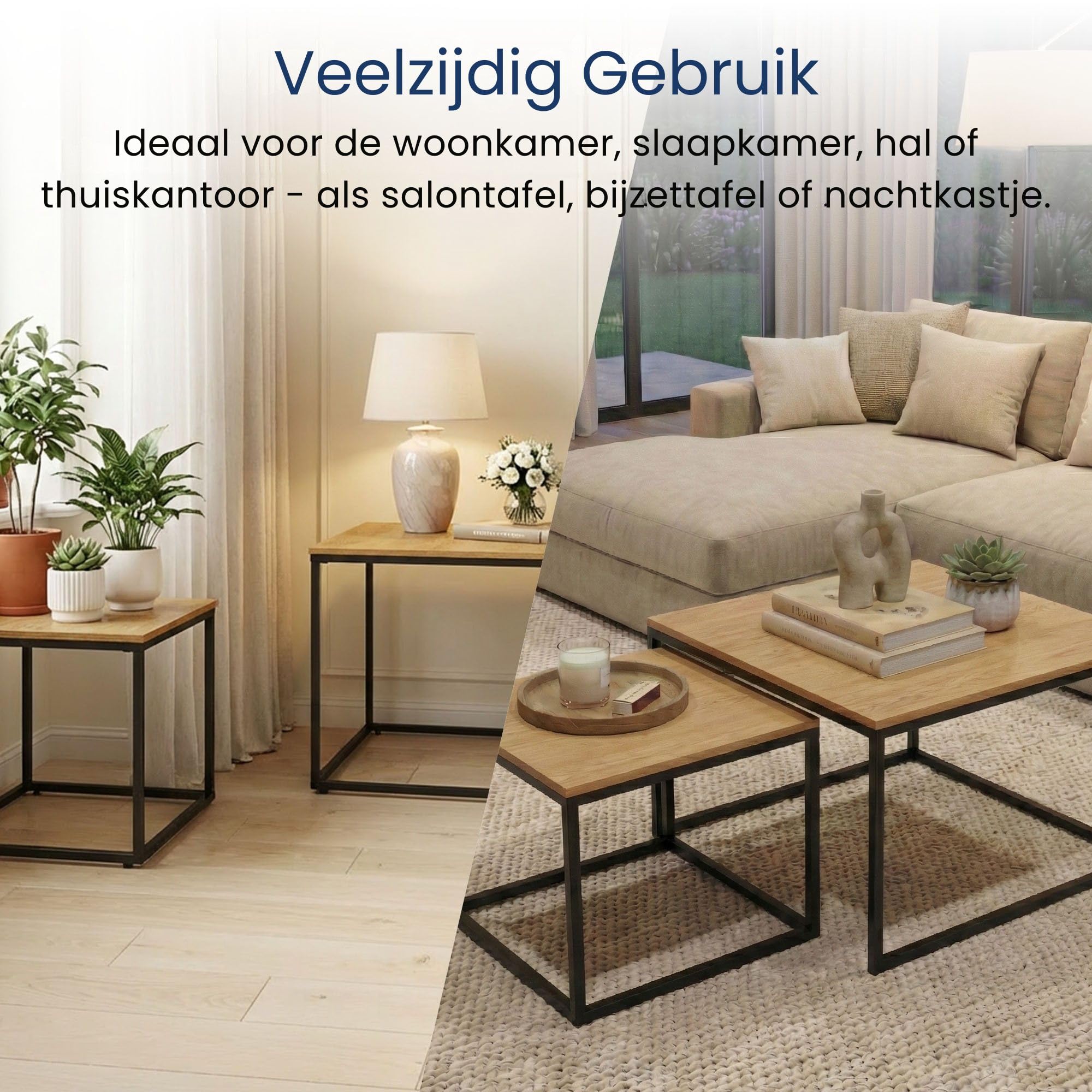 Home Collective Salontafel set van 2 vierkante houten woonkamertafel