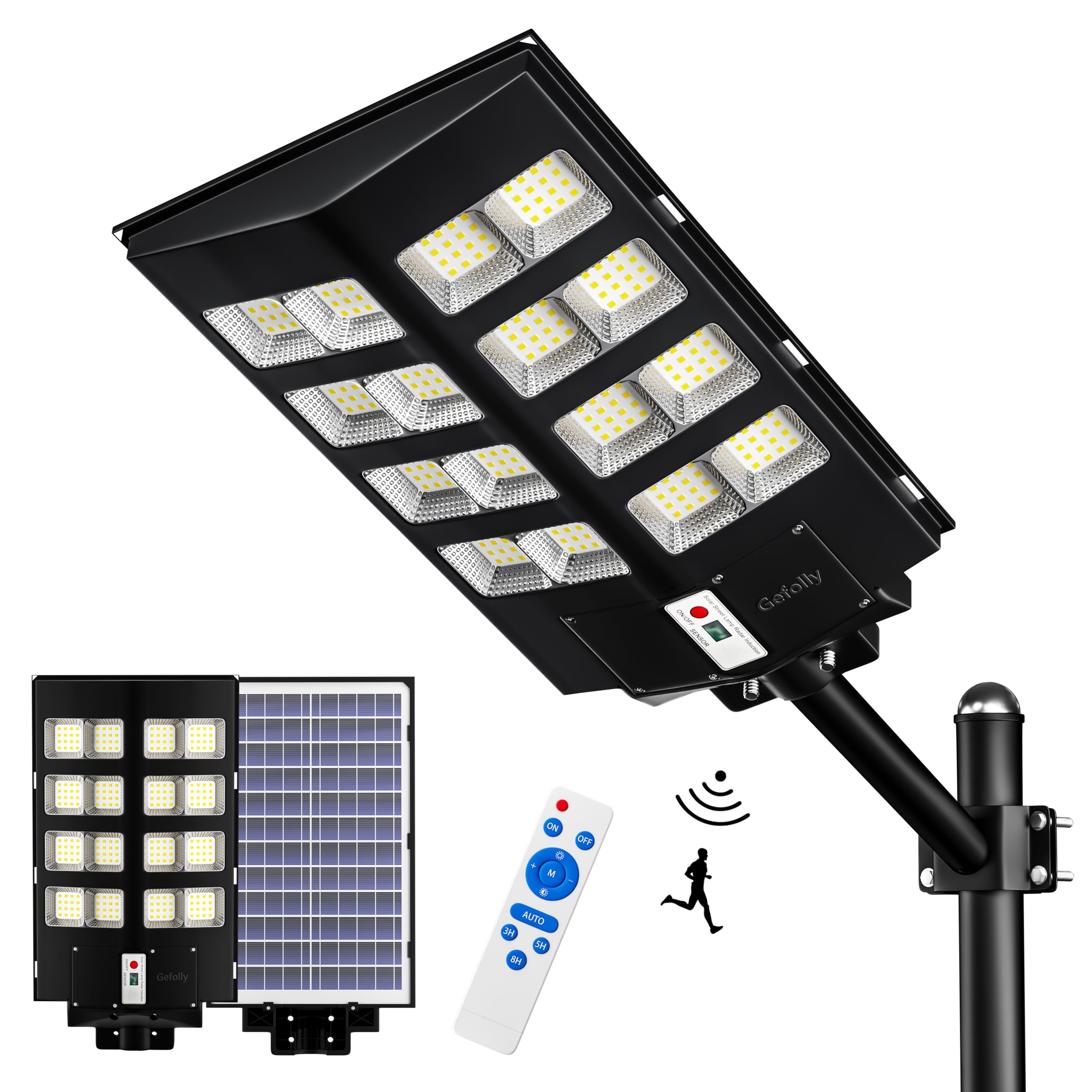 Gefolly Lampione Solare LED Esterno, Faro LED Esterno con Pannello Solare con Sensore di Movimento, 6500K IP67 Impermeabile Faretto solare Esterno per Giardino Cortile Garage Strada