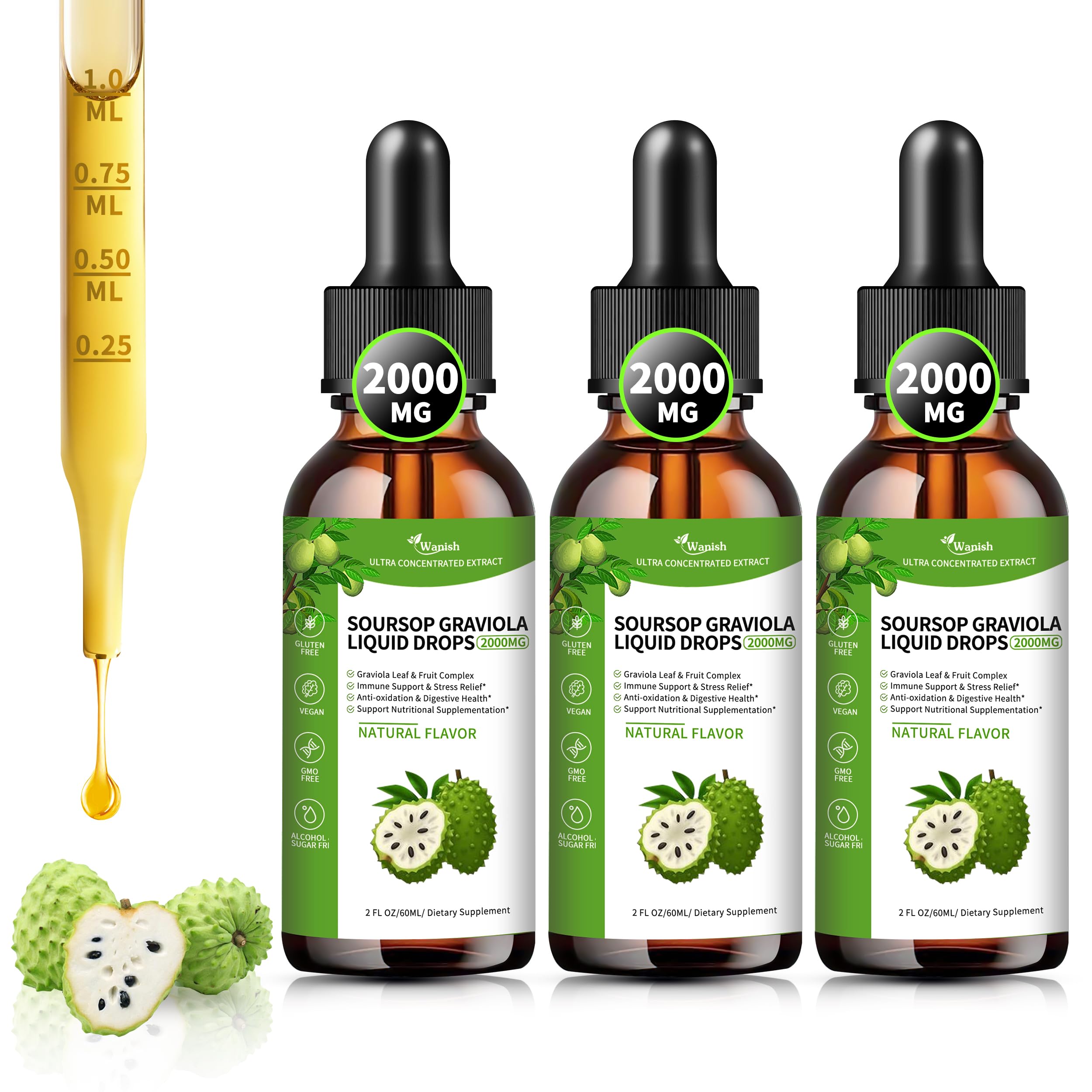 (3 Pack)Soursop Graviola Liquid Drops 2000mg, 98% Absorption Soursop Bitters Liquid for Cell Support & Regeneration, Immune Boost, Liver, Herbal Goodness, Sugar/Gluten Free, Natural Flavor, 6 Fl Oz