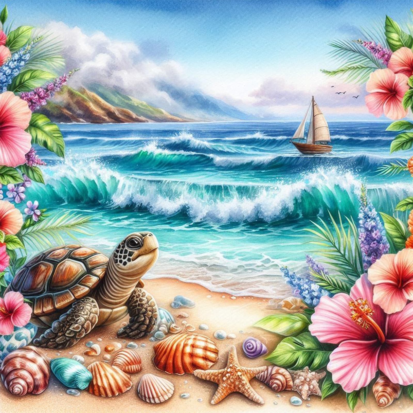 Poetrydraw Seaside Beach Diy 5D Round Drill Diamond Art Kit For Adults & Beginners 40X40cm Wall Decor - Crystal Rhinestones, Art Craft