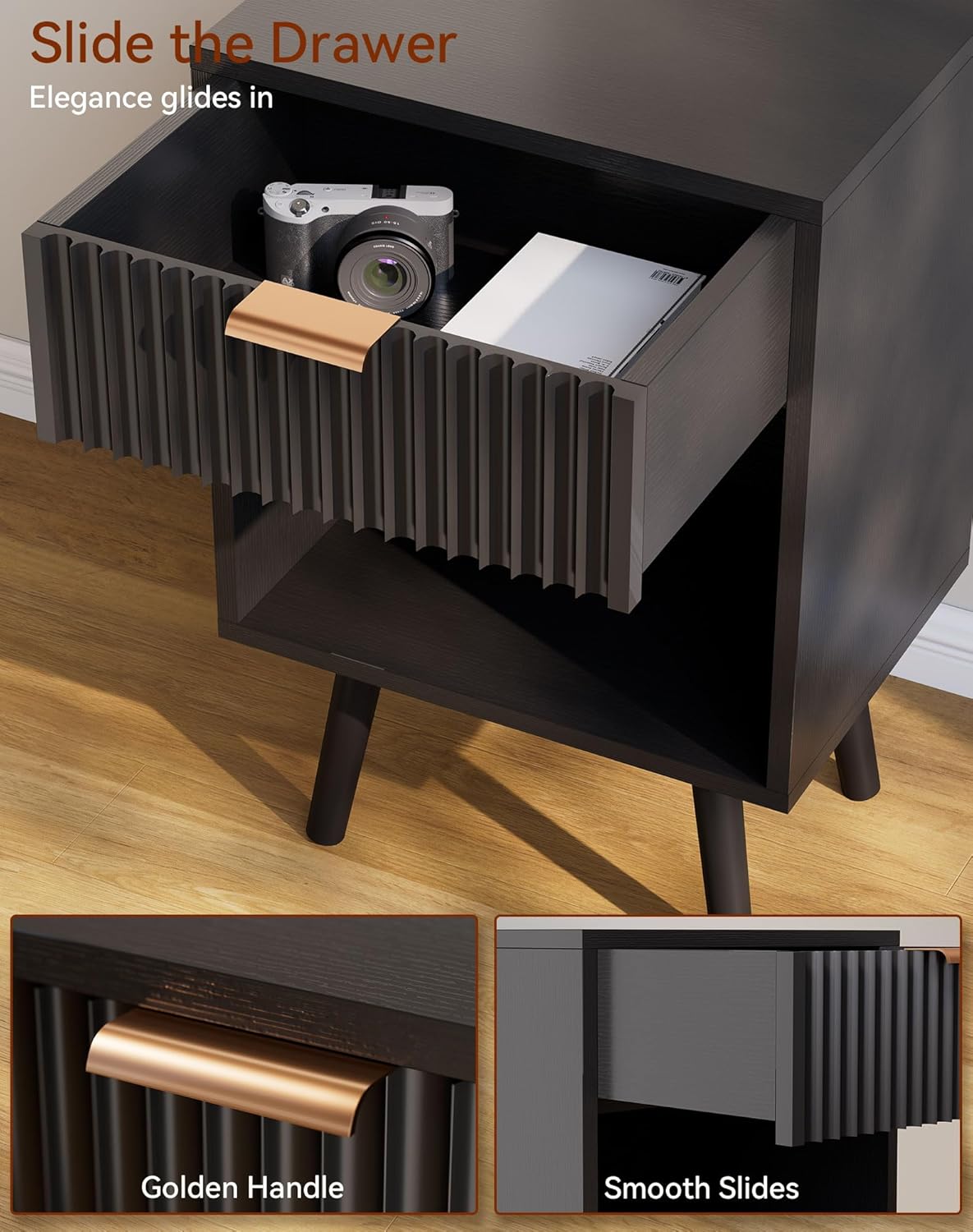 YMYNY Mid Century Modern Nightstand Set of 2, Side Table with Fluted Drawer, Open Shelf Unit, Golden Handle, Solid Wood Legs, Bedside Table, for Bedroom, Black UHST013B-2
