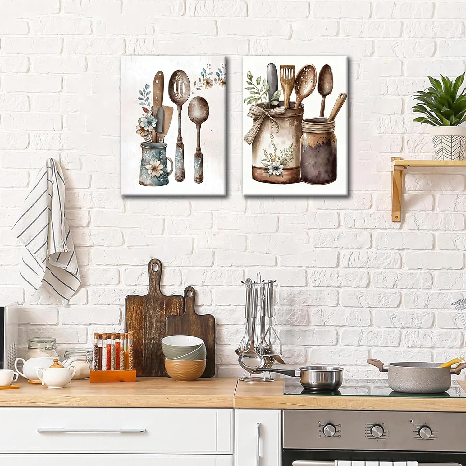 2 pcs Vintage Country Kitchen Wall Art Kitchenware Still Life Painting Decor Rustic Farmhouse with Cutlery and Jars Illustration Decors Painting for Kitchen Dining Room Living Room 12x16Inch Framed