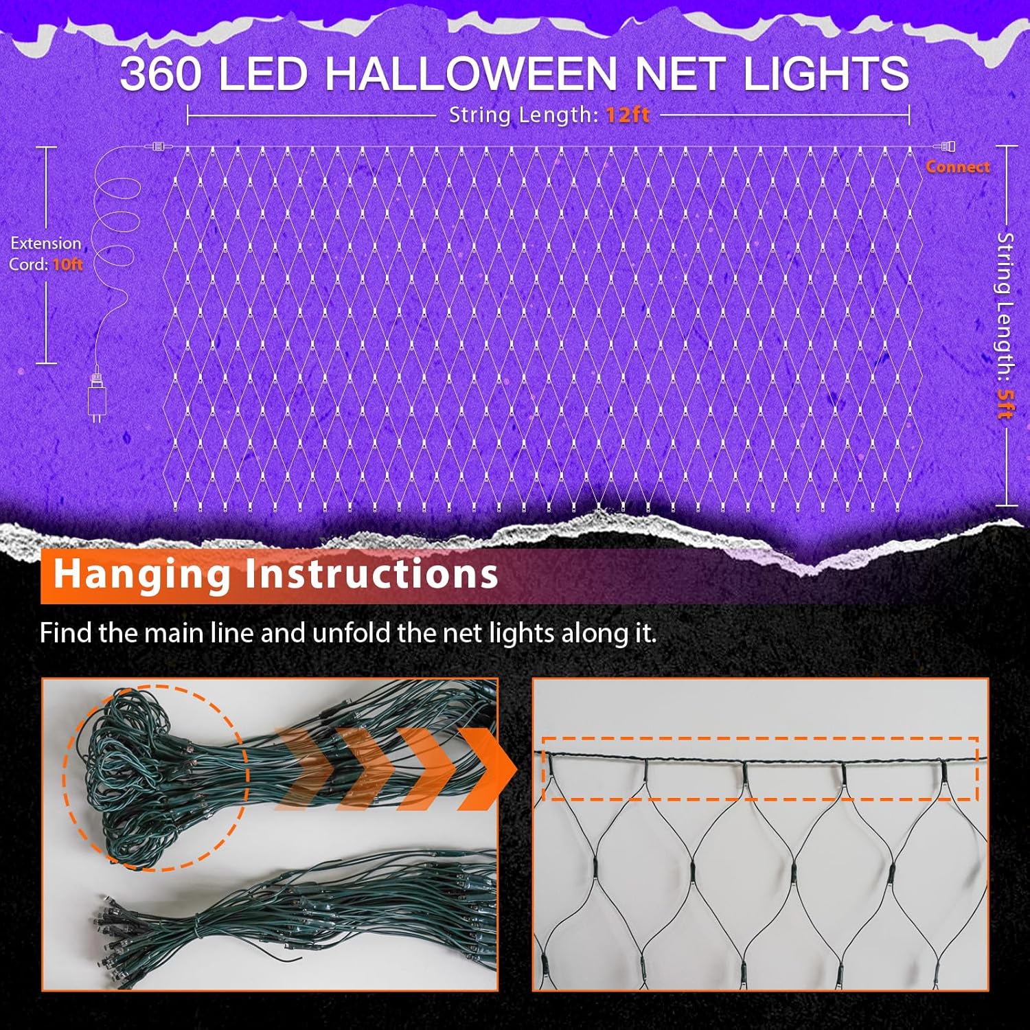 suddus 360 LED Halloween Net Lights, 12ft x 5ft String Lights with Remote, Waterproof Connectable Green Wire for Bushes, Trees, Halloween Decoration, Indoor Outdoor Party Yard Garden, Purple & Orange