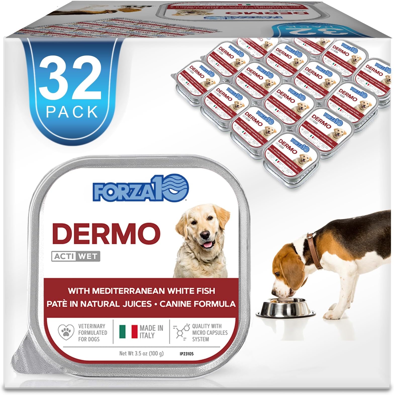 Dog Food, Vet Formulated Wet Dog Food for Itchy Skin, Sensitive Stomach & Coat Health, Non-GMO, Fish Flavor, Made in Italy (3.5 oz, 32 Pack)