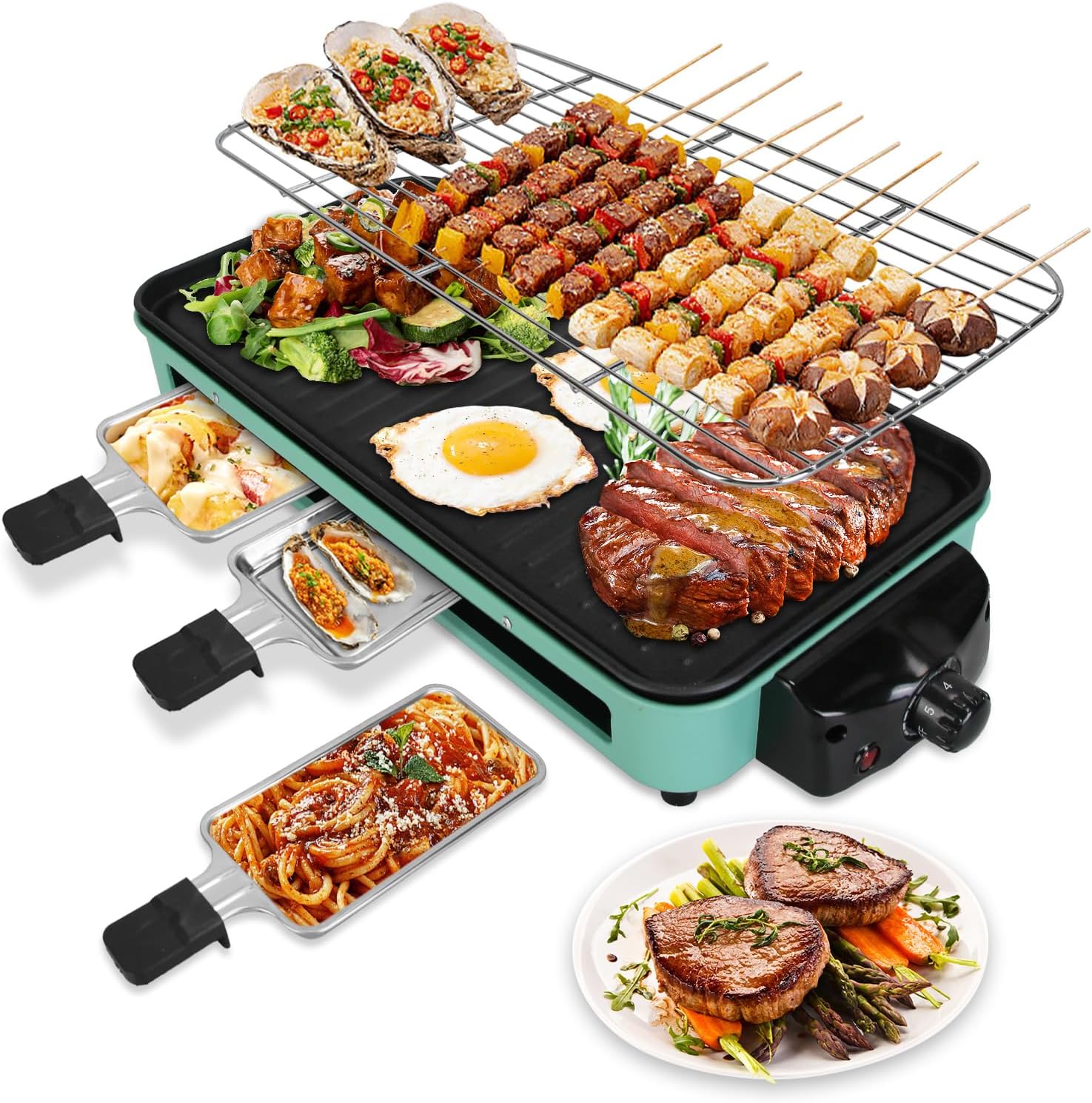 Electric Indoor Grill, 2 in 1 1500W Indoor Grill with Net & Non-Stick Removable Plate, 5 Temperature Control, 3 Raclette Cheese Pans, Dishwasher Safe, BBQ Griddle for Family Party Kitchen