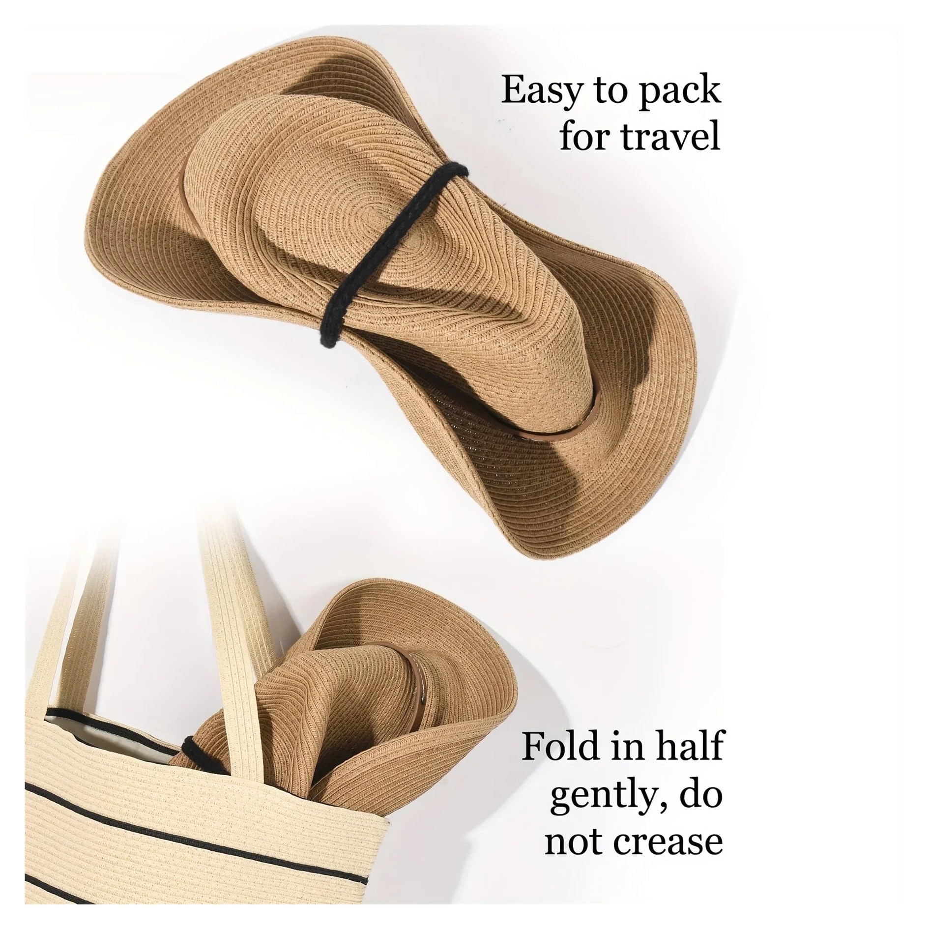 Sombrero Cowboy Sombrero vaquero de paja ala ancha unisex plegable, con protección solar, ideal for playa y verano, cordón for el viento