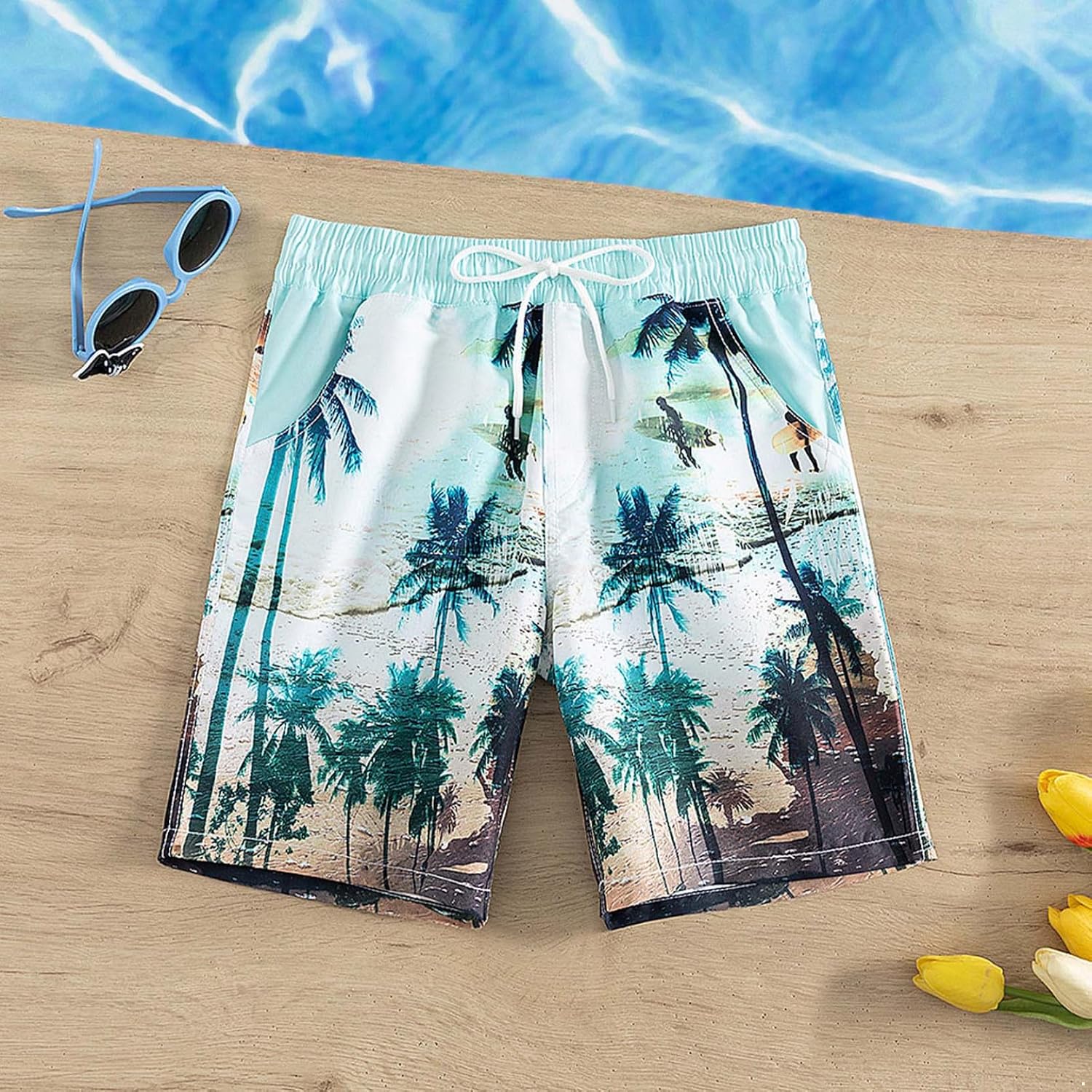 Kids Boys Fashion Tropical Print Beach Swim Bottom Summer Elastic Waistband Swim Shorts Beachwear