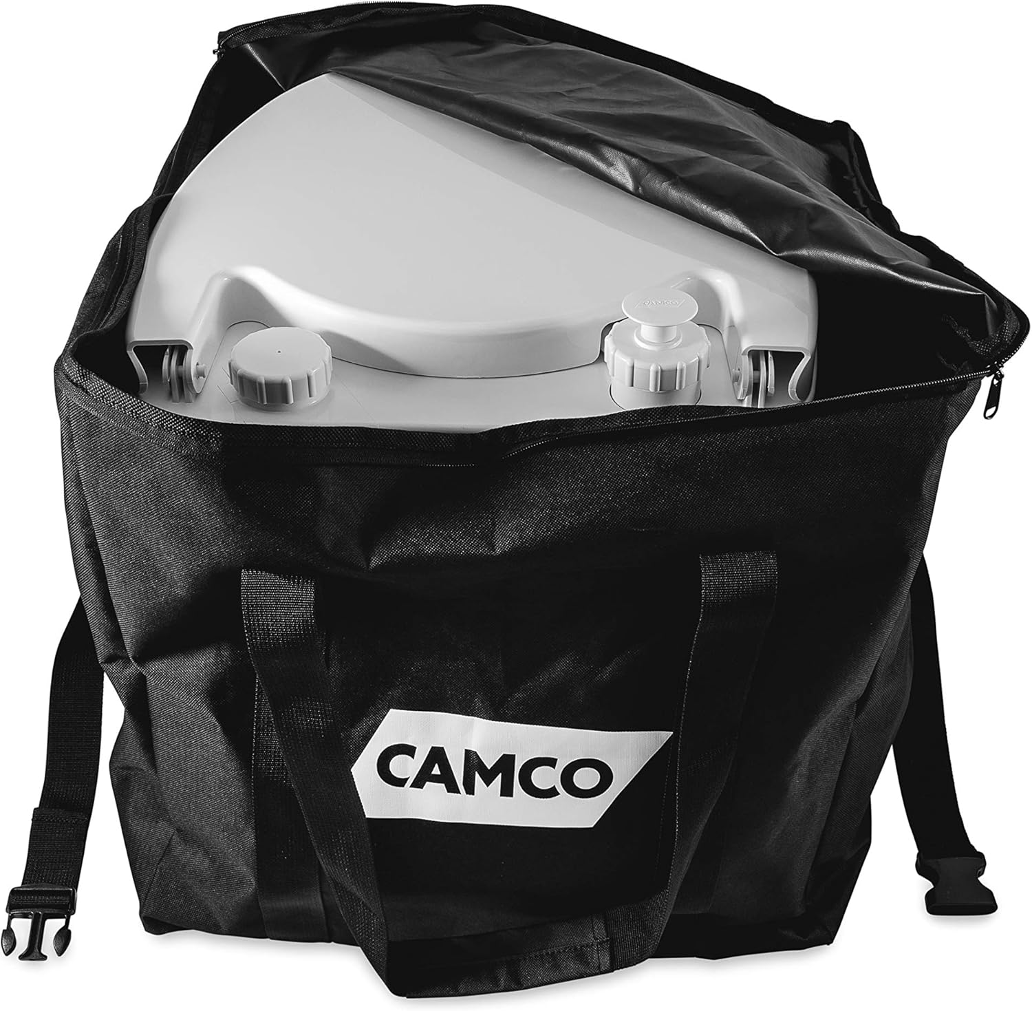 Camco Portable Travel Toilet Bundle | Includes 5.3-Gallon Toilet, Storage Bag, and TST Orange Drop-Ins