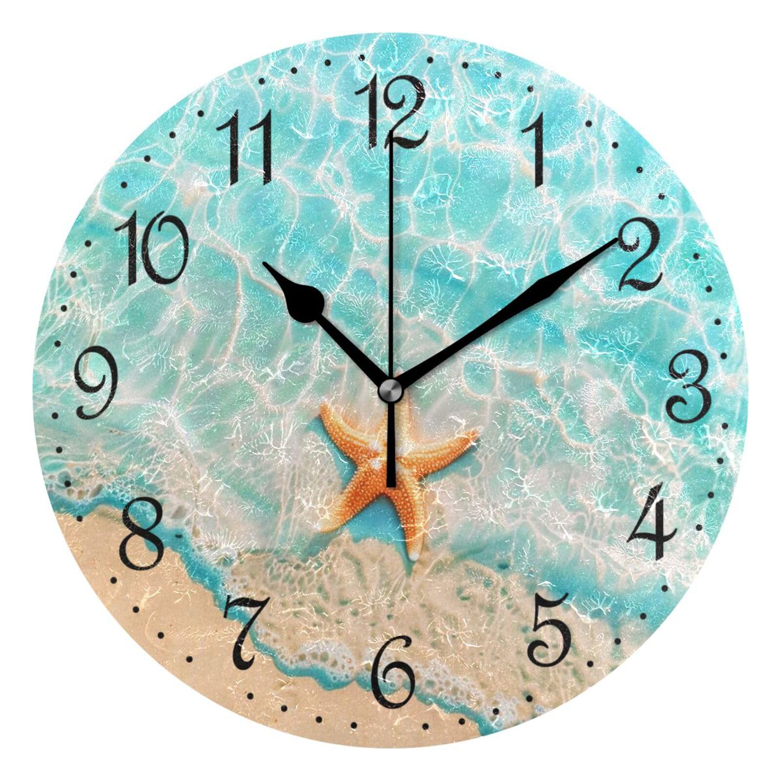 Mnsruu Wall Clock Beach Starfish, Silent Non-Ticking Decorative Wall Clocks Battery Operated 25x25cm