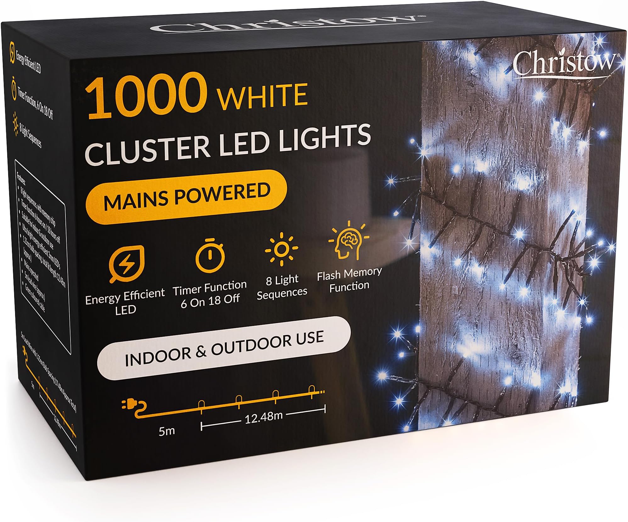 CHRISTOW 1000 LED Cluster Christmas Tree Lights, White Fairy Lights with Timer, 8 Light Modes, Energy Efficient 3mm Micro LEDs, Indoor & Outdoor, Mains Powered, Green Cable, 12.48m Lit Length