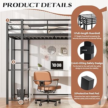 Shintenchi Loft Bed Twin Size with Desk and Storage Shelves, Frame with 2 Side Ladders for Kids, Teens Adults, Spcace-Saving Noise-Free and Anti-tilt Design, Black