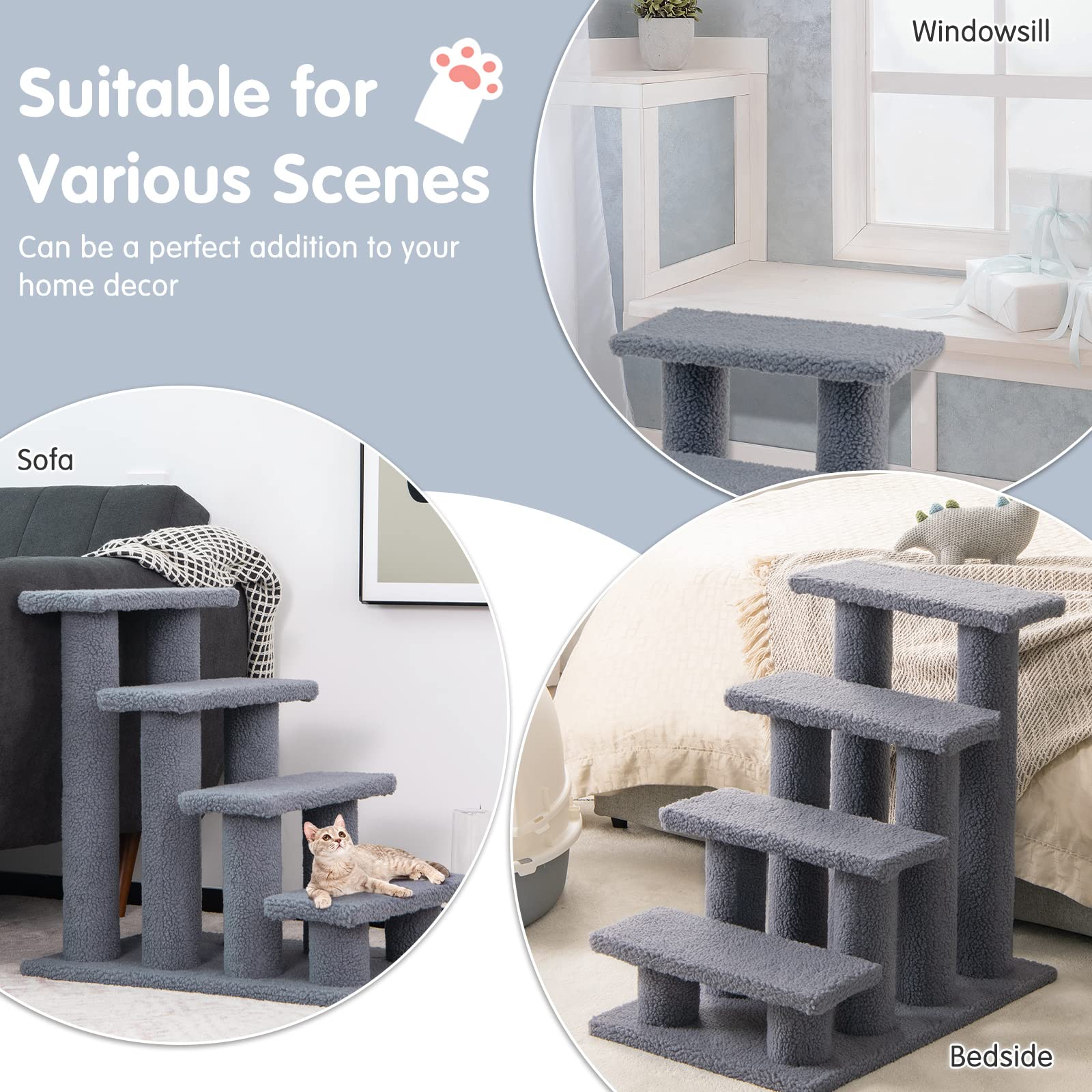 Tangkula Escaleras para mascotas para gatos y perros, rampa de escalera alfombrada de 4 escalones, poste rascador para gatos, escaleras para perros de varios escalones para camas altas, sofá (gris)