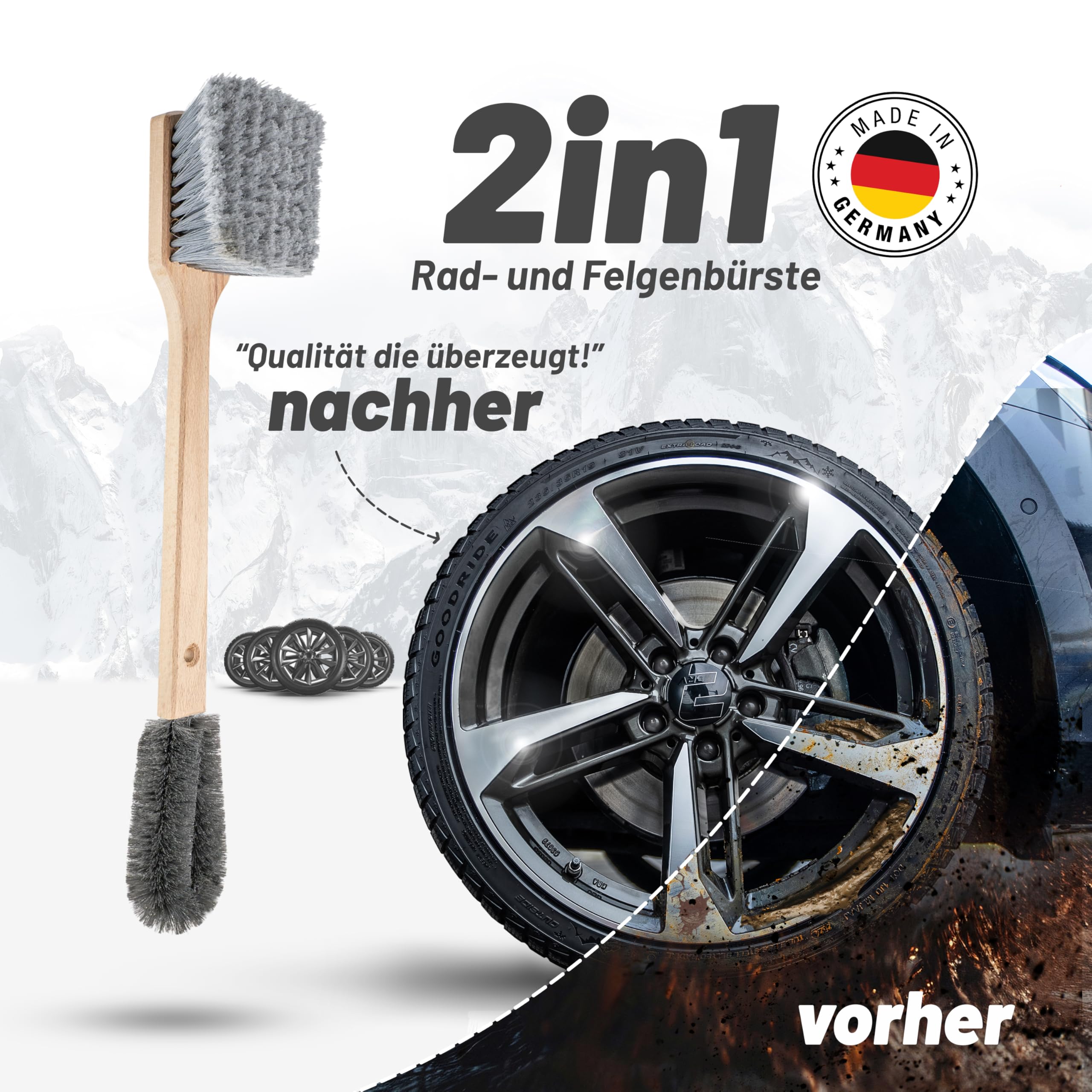 ORGAFLIX Szczotka premium do felg i felg 2 w 1, odporna na zarysowania, z miękkim syntetycznym włosiem, szczotka do mycia samochodu, motocykla, roweru, roweru elektrycznego i kampera – Made in Germany