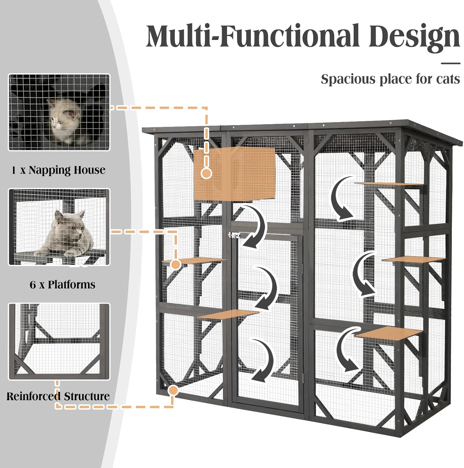 review Large Outdoor Cat House Catio Kitty Enclosure with Large Enter Door, Wooden Cat Cage Condo Indoor Playpen with 6 Platforms & Small House (Grey)