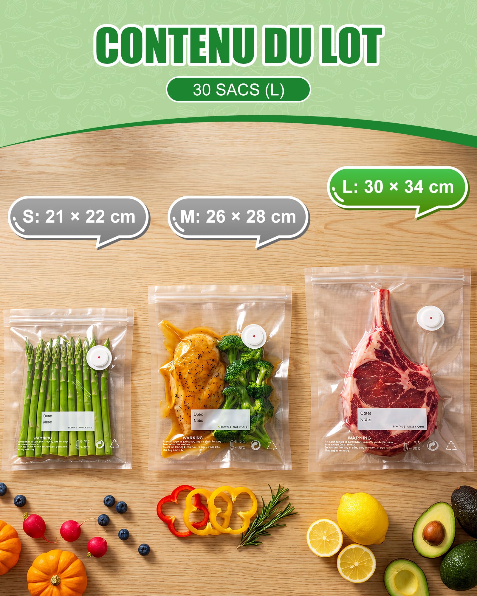 Babacom Macchina Sottovuoto Alimenti Portatile + 30 Pezzi (L:30x34cm) Sacchetti Sottovuoto Alimenti Riutilizzabili, Senza BPA, per Congelatore/Cottura Sous Vide/Conservazione