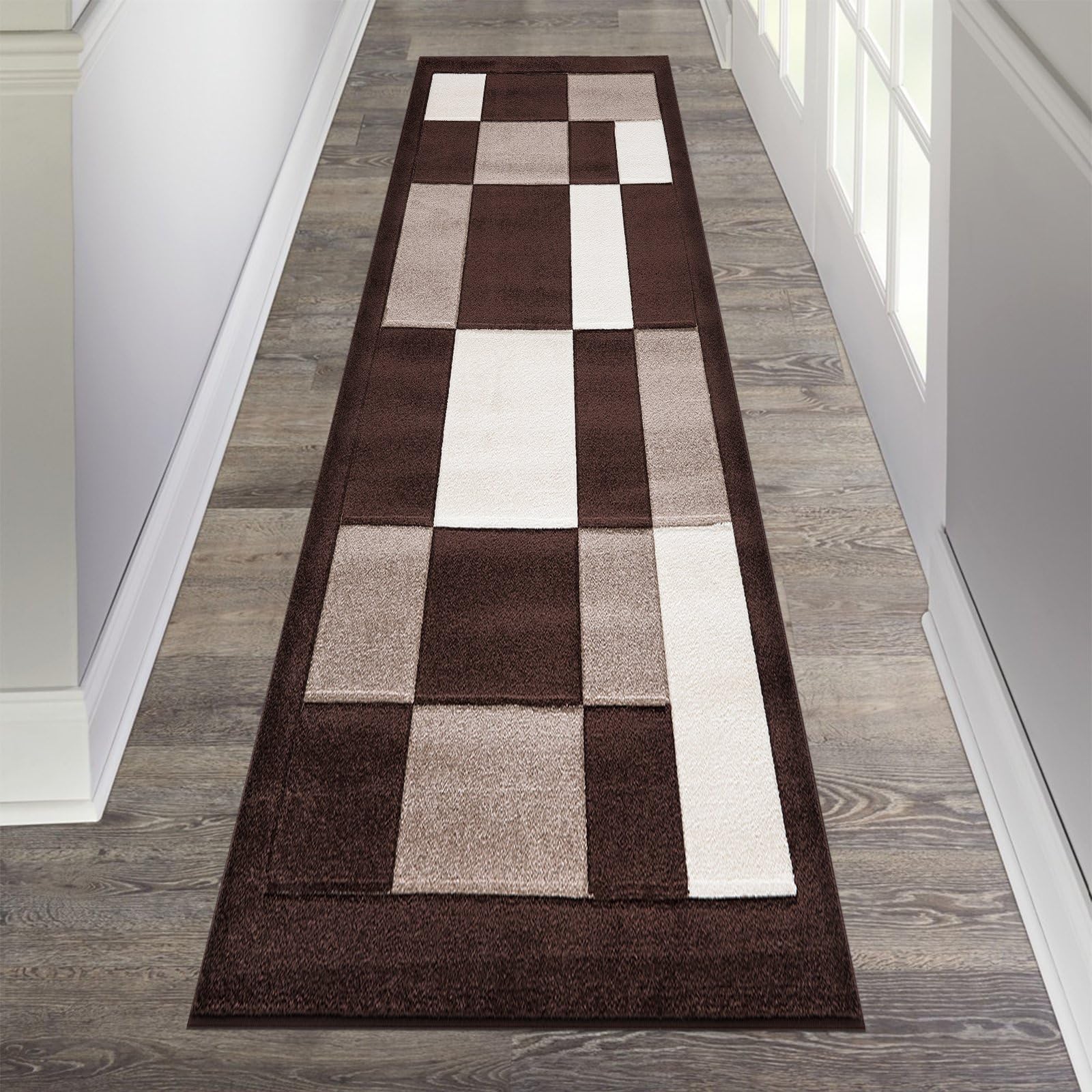 renoazul® Carpet Runner for Hallways, Kitchen, Living Room and Bedroom, 80 x 300 cm, Brown Beige, Washable Durable Squared Design Carpet Runner — image 1