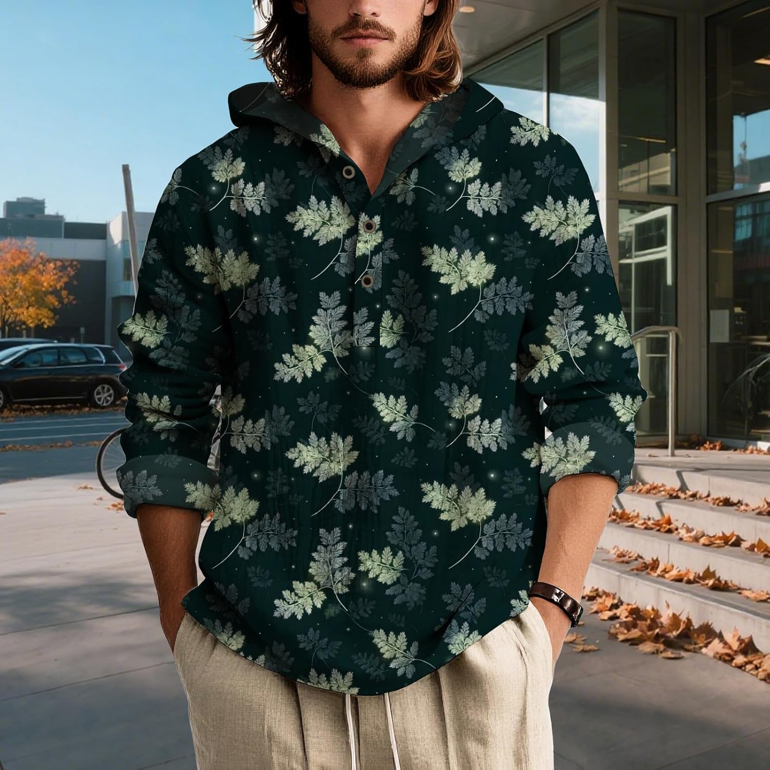 Mens Long Sleeve Hooded Shirt Botanical Print Lightweight Casual Pullover Button Neck Roll Up Sleeves Beach Wear - Image 4