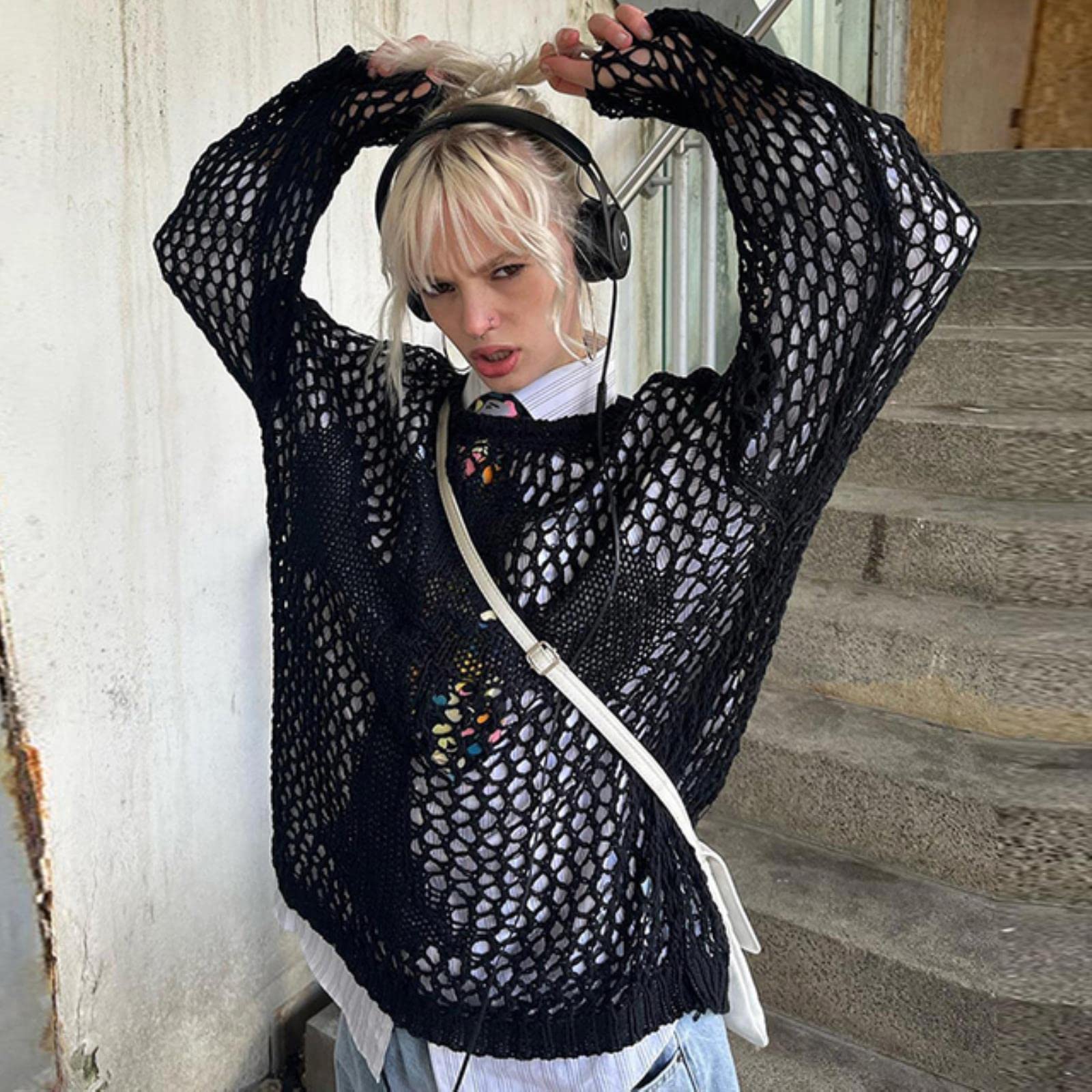 Diann A1 Hollow Out Knitted Pullovers Harajuku Sweater Tops Y2k See Through Oversized Cover-Up Y2k-,S