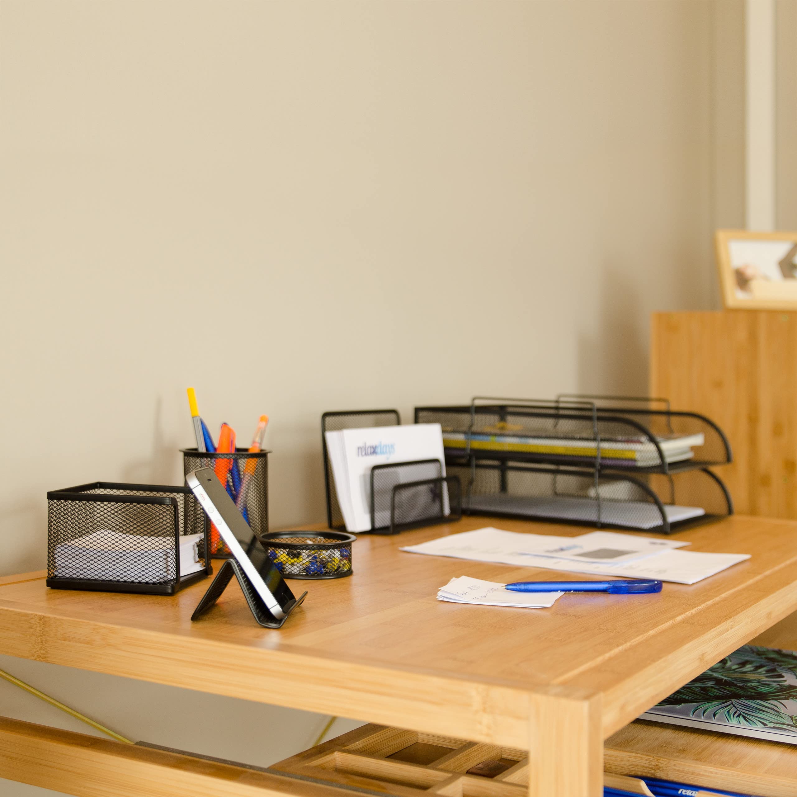 Relaxdays Set 7 fournitures de bureau pot punaises pot crayon bloc notes cartes de visite courrier métal surfaces, noir
