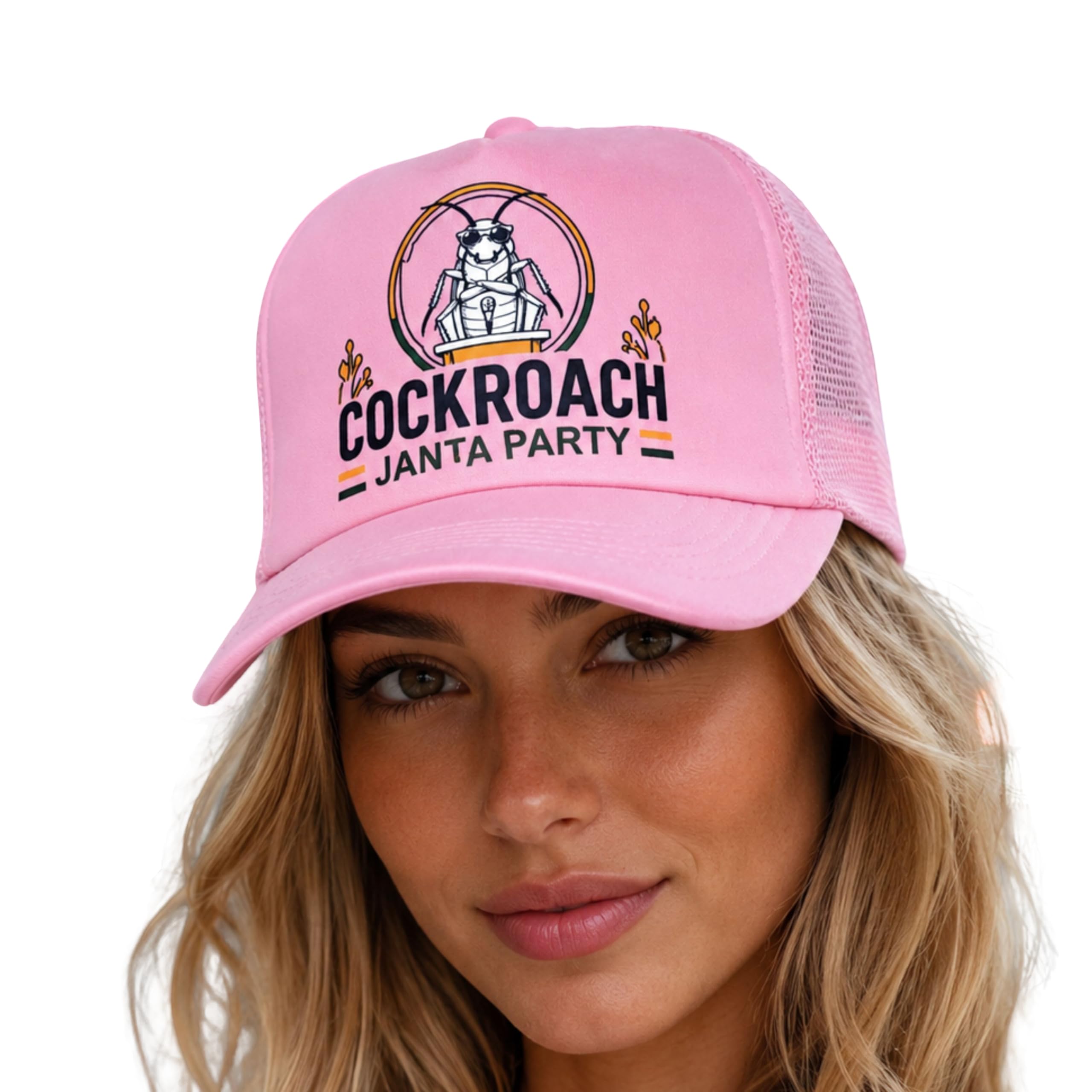 Pink Half Net Baseball Cap for Women | Cockroach Janta Party Graphic Trucker Hat | Adjustable Mesh Cap-image-39