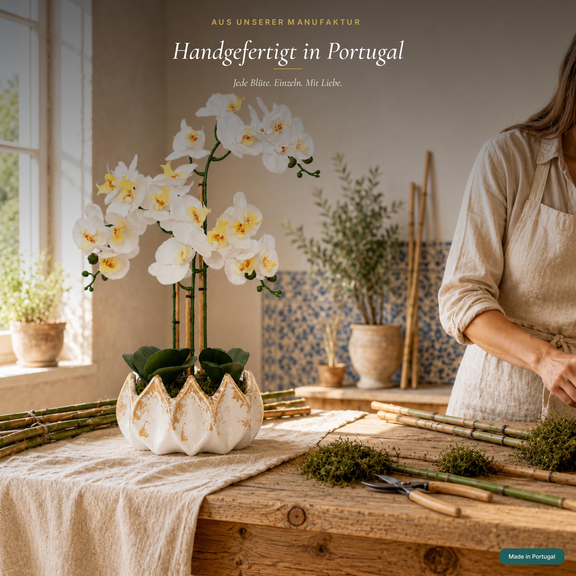 Orchidées artificielles comme de vraies fleurs blanches 70 cm – Fleurs artificielles en pot faciles d'entretien, sans arrosage, fabriquées à la main au Portugal avec mousse, bambou et