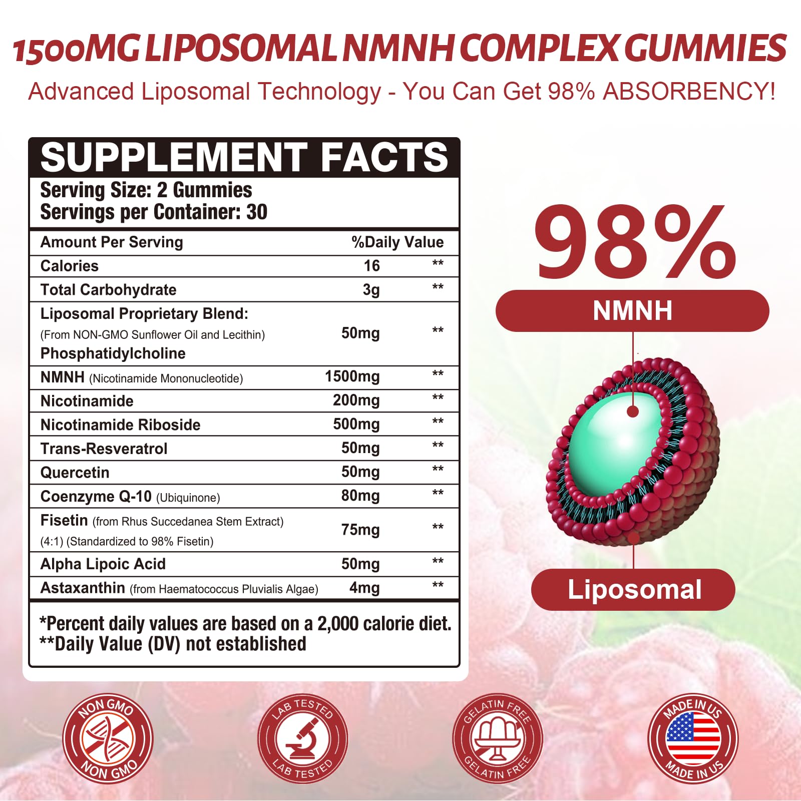 2Pack 1500MG Liposomal NMN Supplement NMNH Gummies-NAD Supplement to Boost NAD+, Nicotinamide Riboside & Quercetin,Improve Energy Levels & Enhance Endurance, Blend for Cellular Energy & Repair Support — Amazon image 2