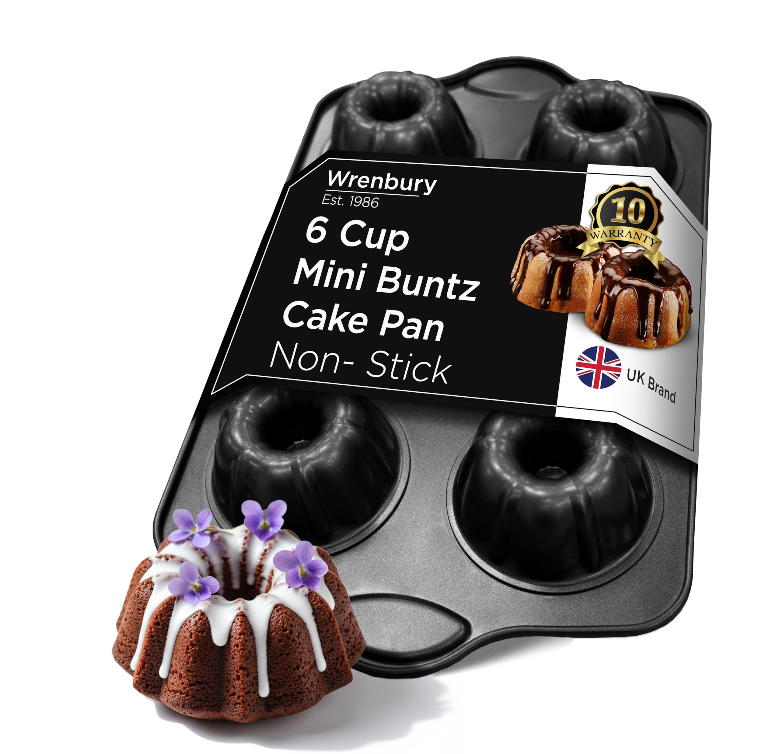 Wrenbury Nonstick Mini Buntz Cake Pan Non Stick for Baking - 6 Cup Bundlette Fluted Cake Tin for Small Cakes - PFOA Free and Dishwasher Safe - 3.75” Cup Width