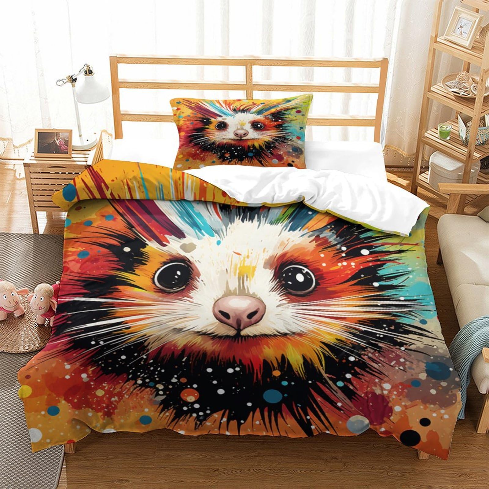 P1S9U7W5Y 3D Printed Colorful Hedgehog Duvet Cover Set 3 Pieces Microfiber for Adults Teens Bedroom Decor Animal Bedding Set Single（135x200cm）