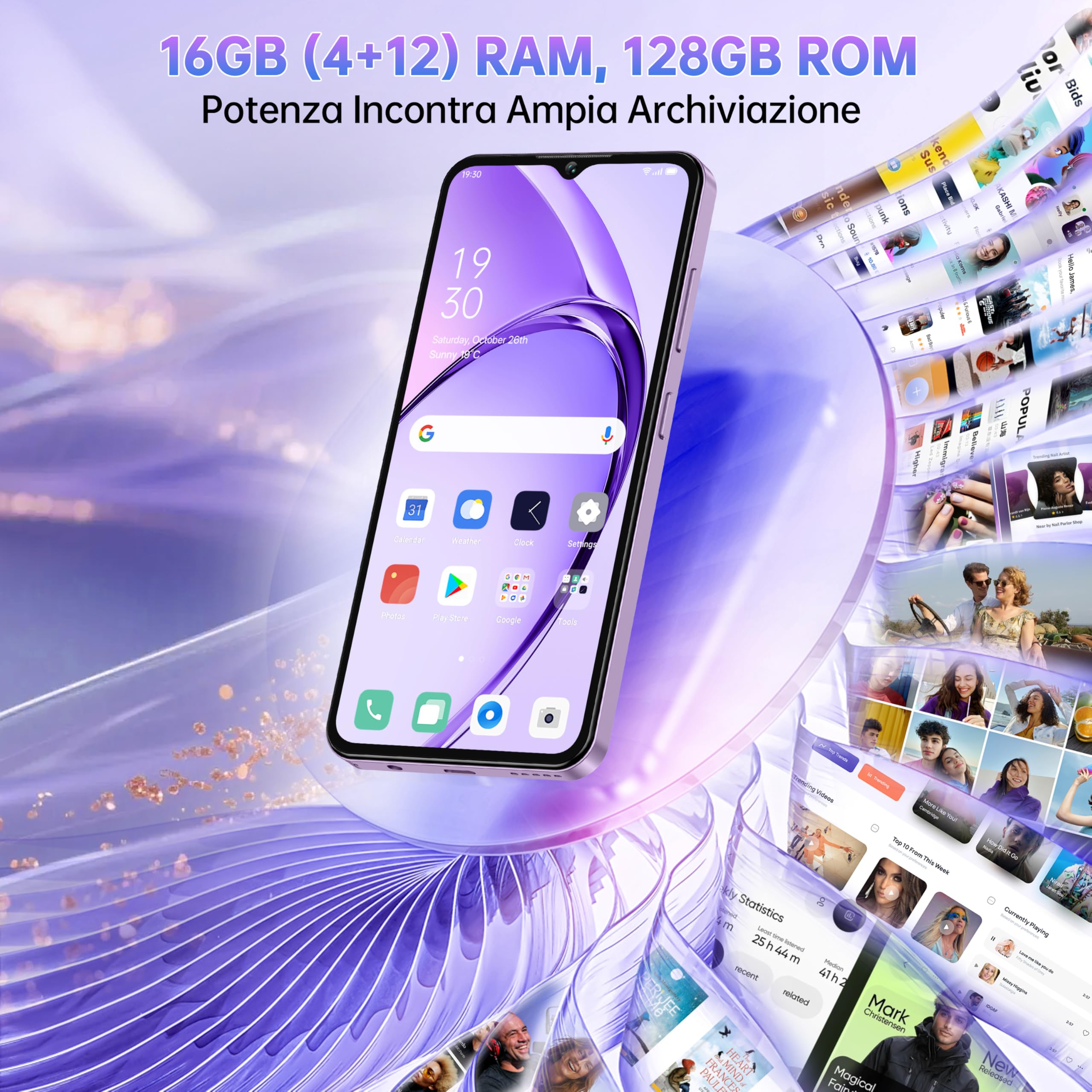 OUKITEL C2 Smartphone 16(4+12) GB RAM + 128GB ROM/TF 1TB, Android 14 6,52" HD Telefono Cellulare 5000nAh 13MP+5MP Camera Telefono Dual SIM 4G Cellulari e Smartphone/Face ID/3.5mm Jack/Viola