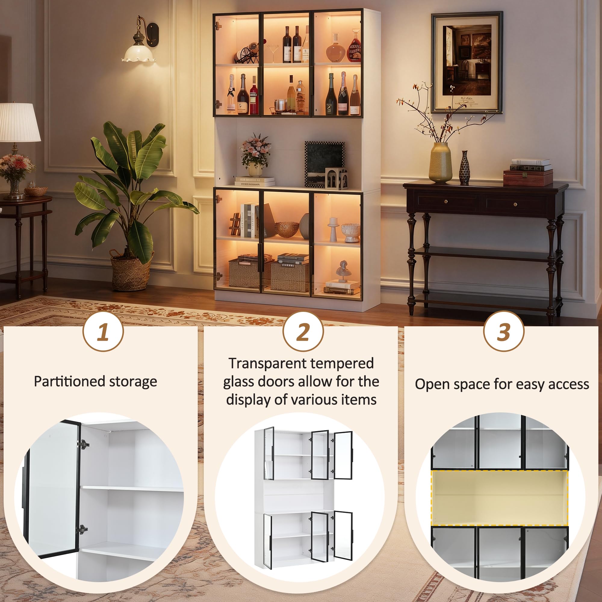 Vitrina de 120 x 34 x 200 cm, vitrina de pie con 6 puertas, zona de almacenamiento libre, armario alto, vitrina de cristal con LED, armario de salón de 120 cm de ancho, armario multifunción