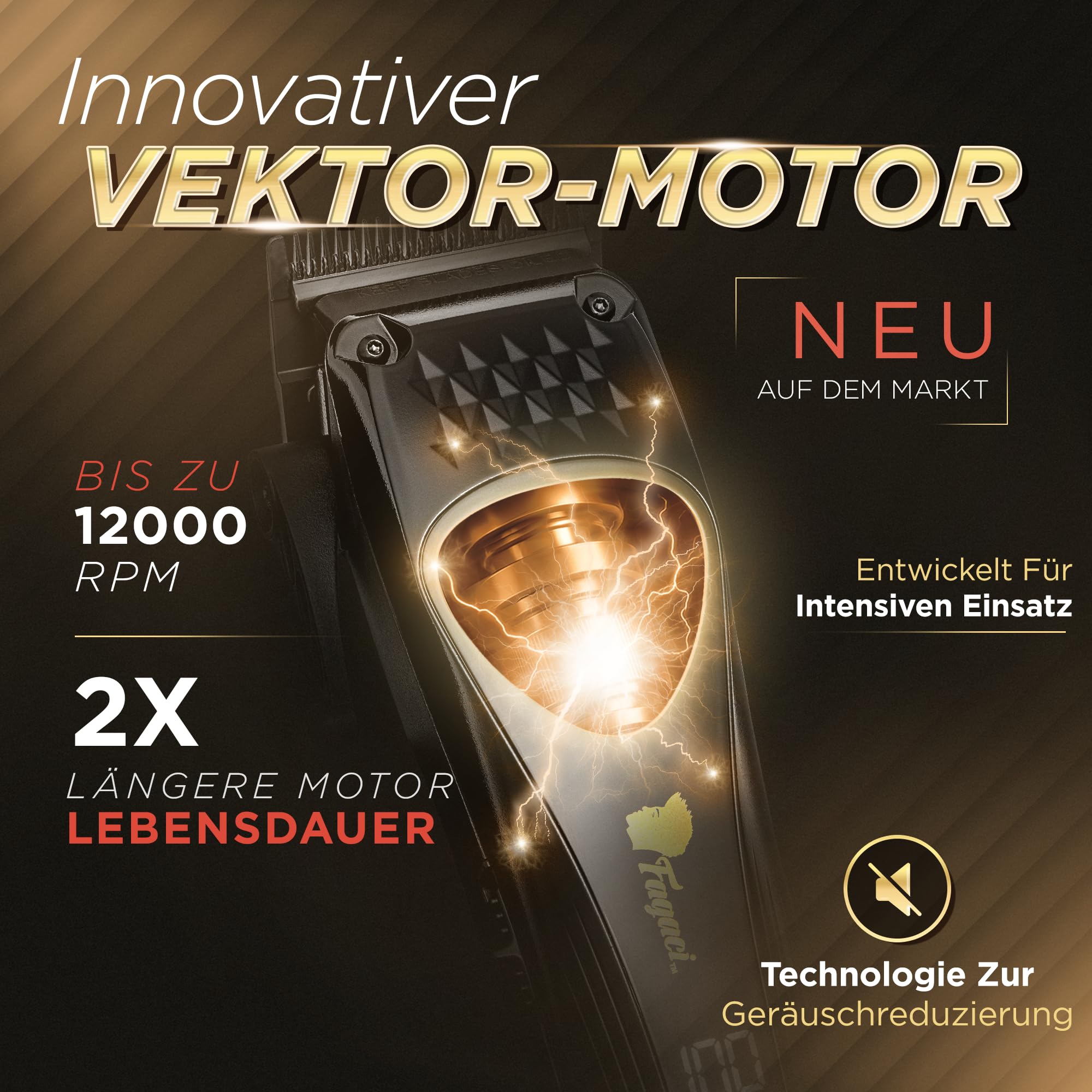 Fagaci Haarschneidemaschine Profi, DLC Klingen, Vektormotor 12000 RPM | Vektormotor, 12.000 RPM, 2x Lebensdauer, DLC-beschichtete Klingen, extreme Härte, Kühler, präziser Schnitt ohne Reizung
