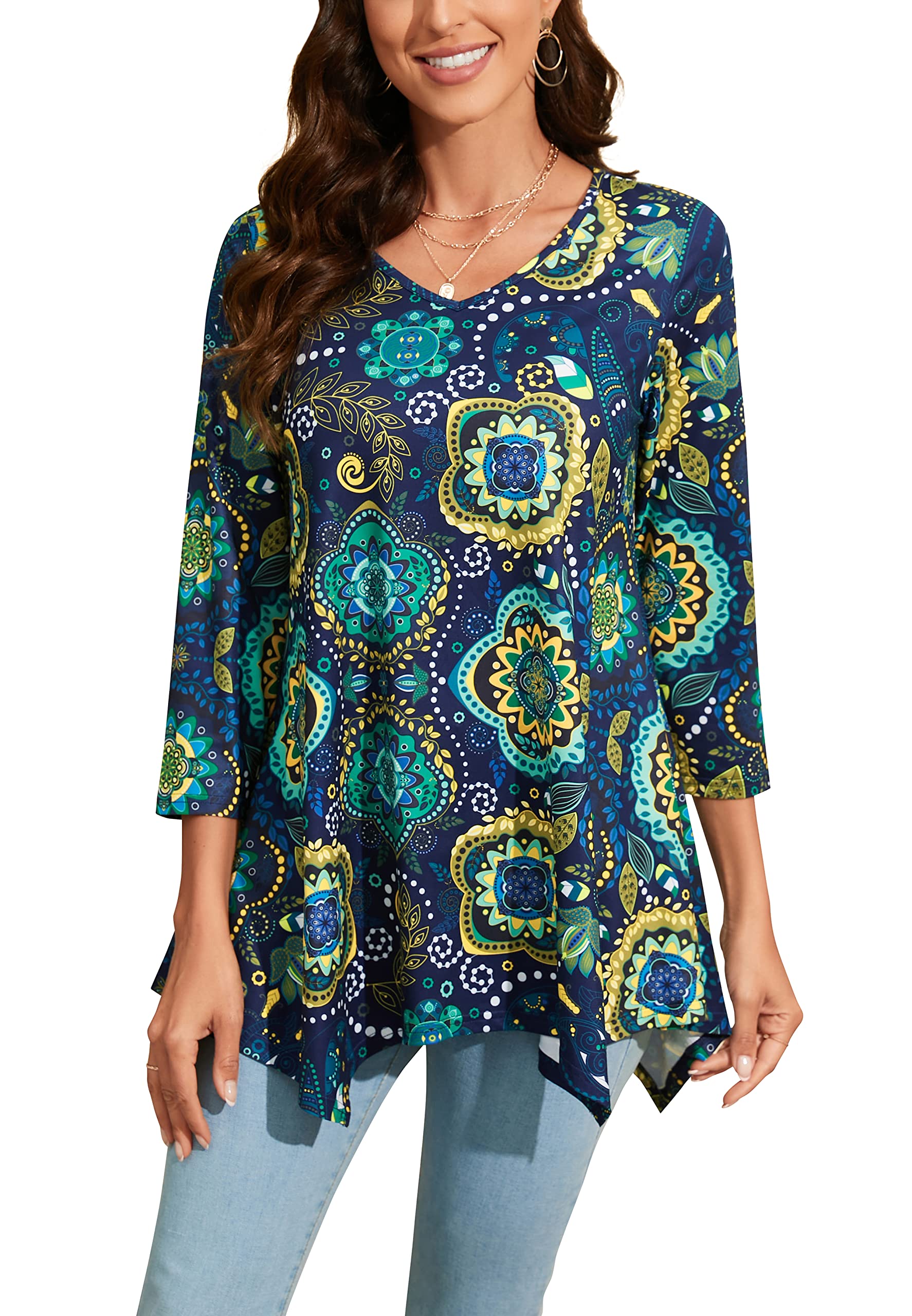 Enmain Camiseta Mujer Manga Larga Top Túnica Talla Grande Manga 3/4 Blusa on Cuello en V Tops de Colores Sólidos/Estampadas T Shirt para Mujeres S-3XL