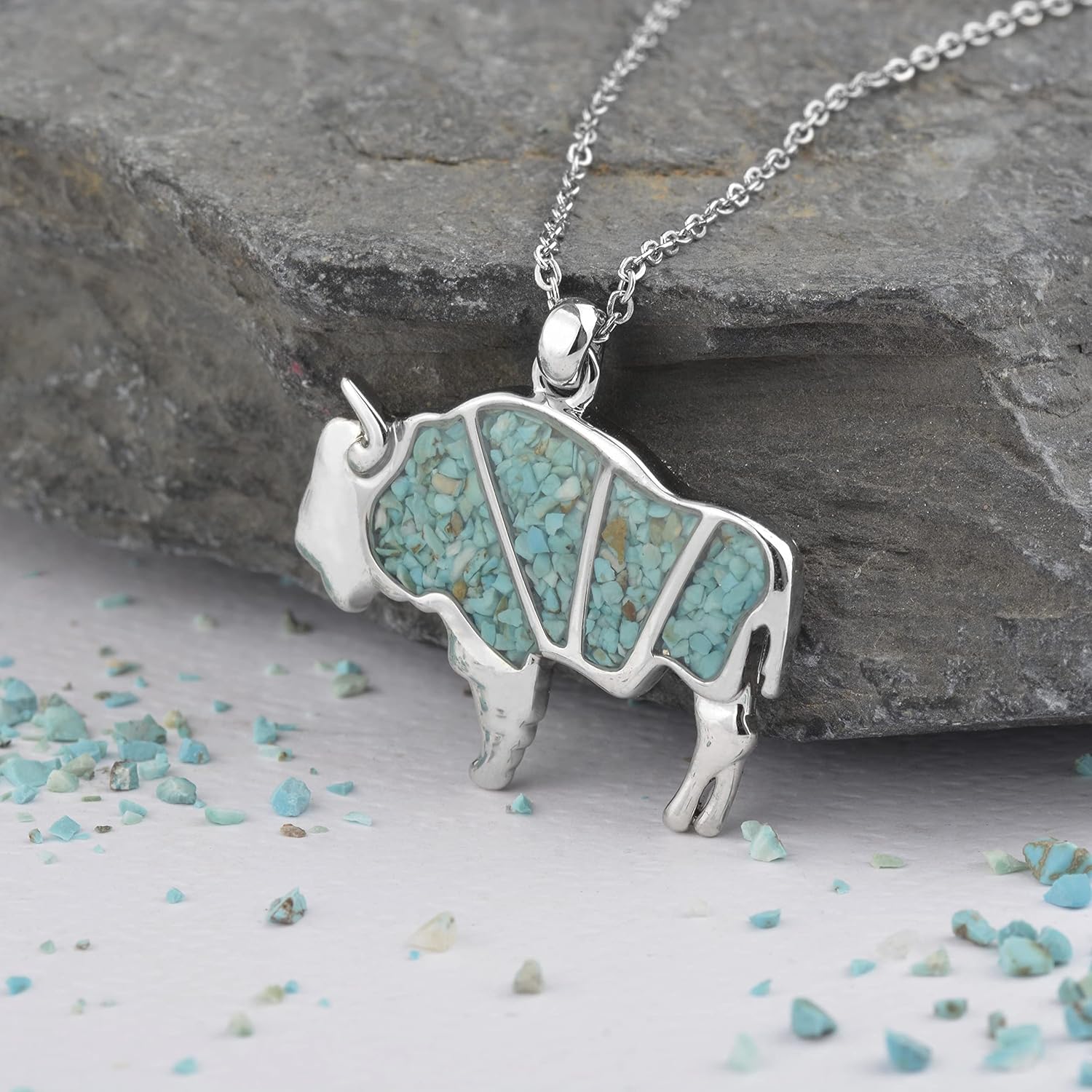 Lauren-Spencer Gemstone Animal Necklace Turquoise Tiger's Eye Tumbled Chips Animal Pendant Necklace Bear Moose Goat Deer Elk Necklace Wildlife Nature Jewelry Gift for Women Men