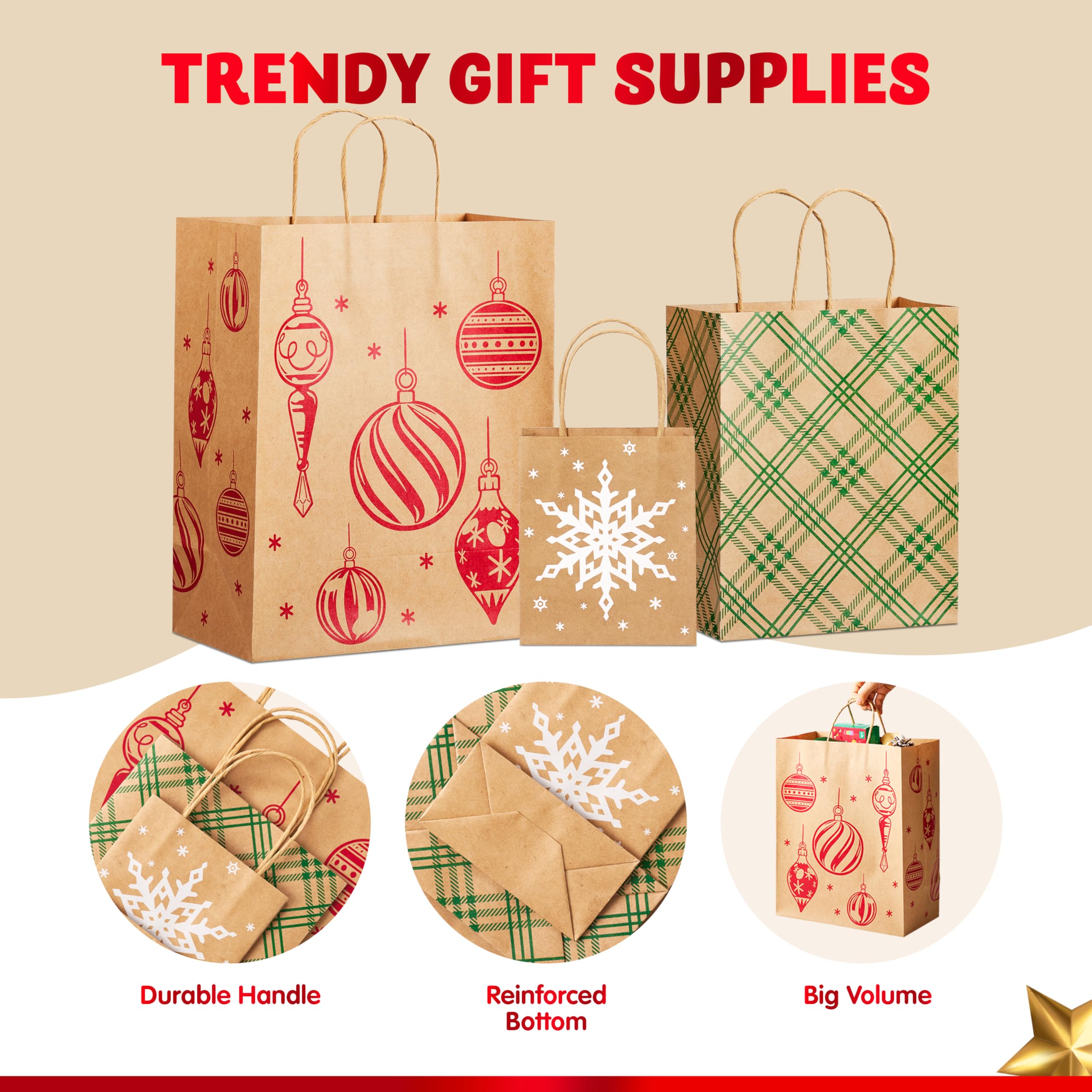 JOYIN Lot de 24 sacs cadeaux de Noël en papier kraft de tailles assorties, sacs d'emballage réutilisables avec poignées pour fête, anniversaire, festival, salle de classe, friandises, bonbons et