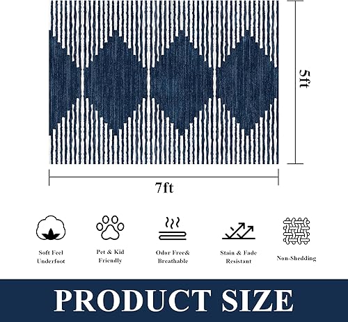 Miniatura 2 de HelloTree Alfombra de área para sala de estar, 5 x 7 pies, lavable, geométrica, marroquí, a rayas, bohemio, minimalista, antideslizante, no se