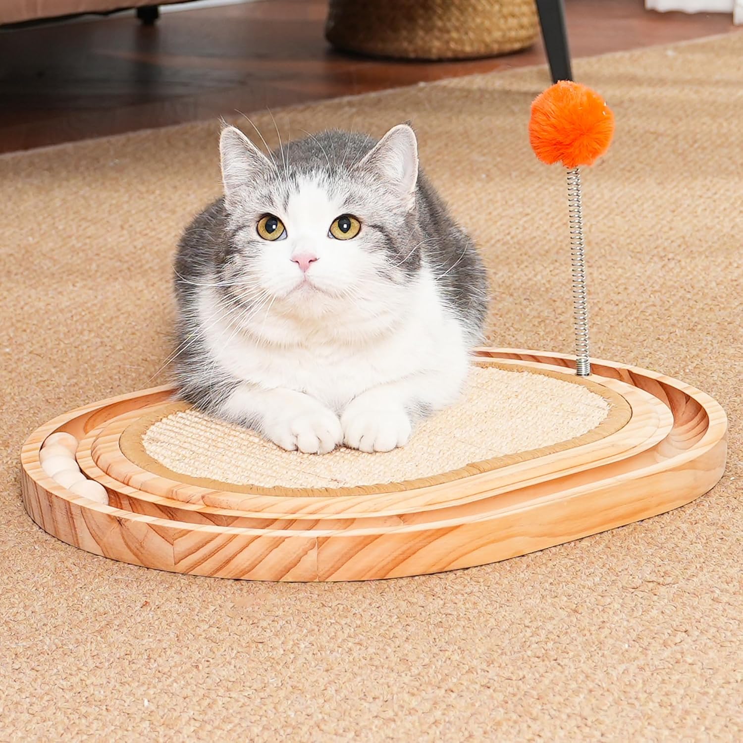 Cat Scratch Pad with Ball Track and Spring Toy, Wooden Cat Scratcher with Sisal Scratching Mat, Ball Track System and 3 Replacement Toy for Cats Scratching,Chasing and Playing (Nature Wood)